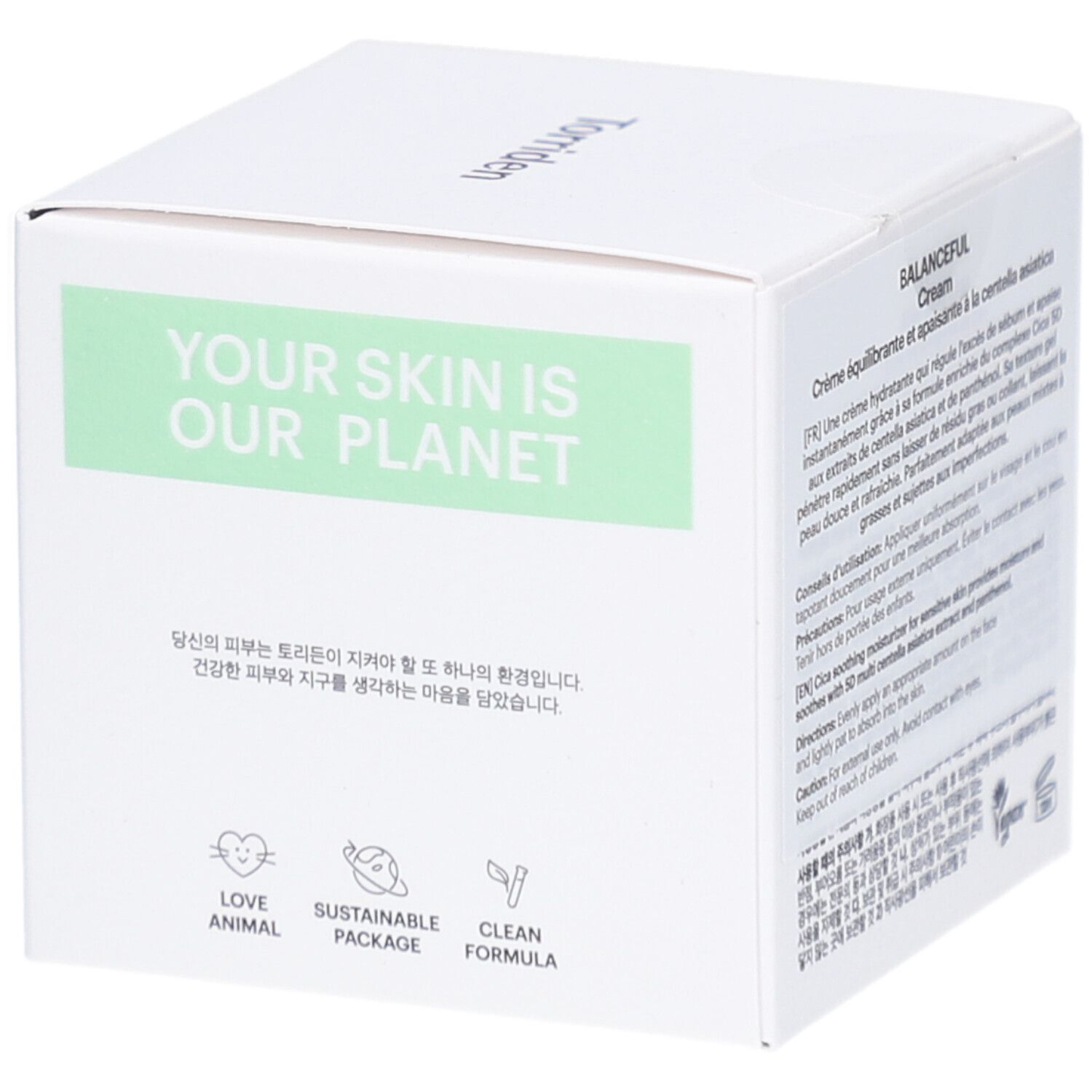Witte verpakking met groen vlak. Opschrift: Torriden, BALANCEFUL Cream. Tekst: YOUR SKIN IS OUR PLANET. Logo's.