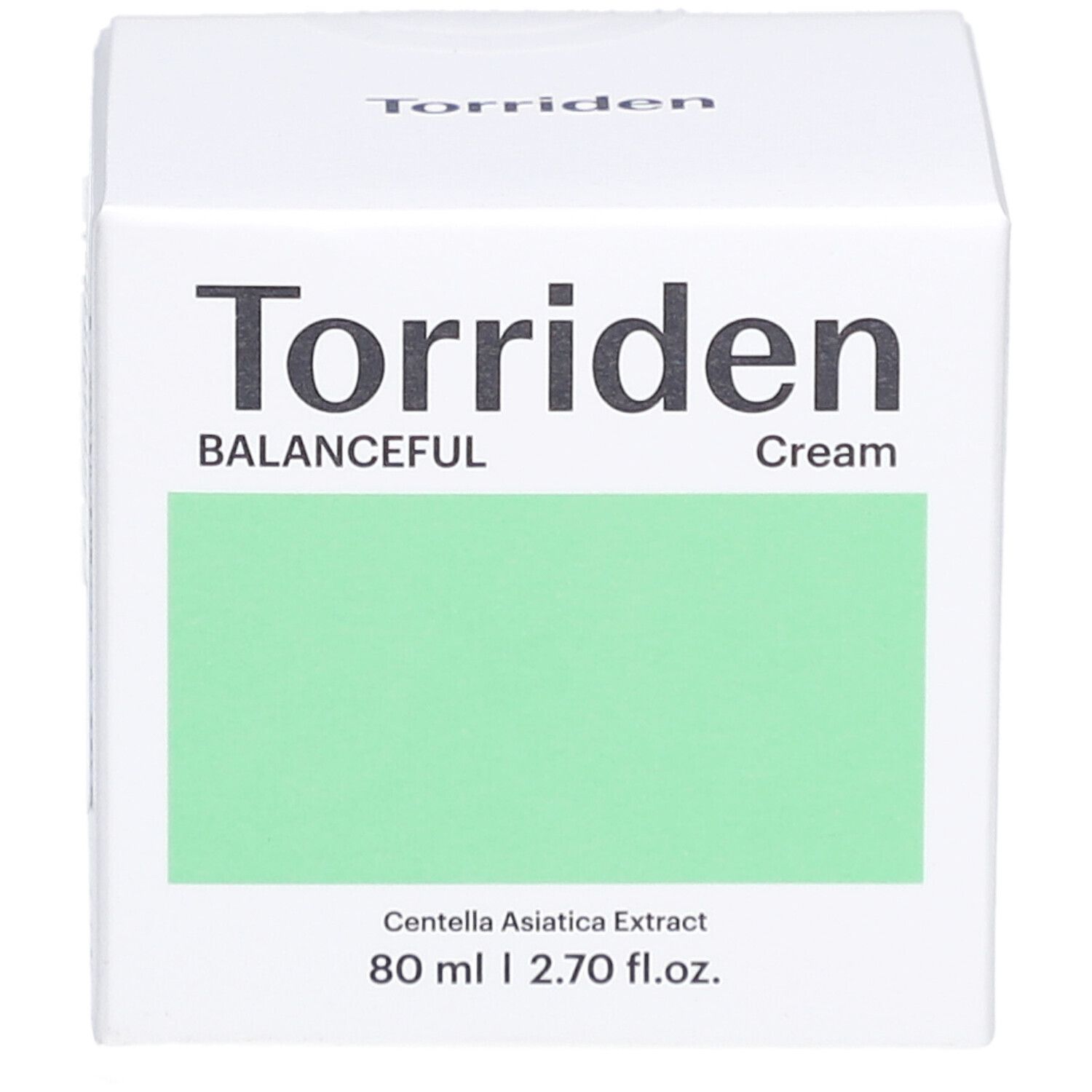 Witte verpakking met groen vlak. Opschrift: Torriden, BALANCEFUL Cream. Bevat 80 ml. Bedrukking: Centella Asiatica Extract.