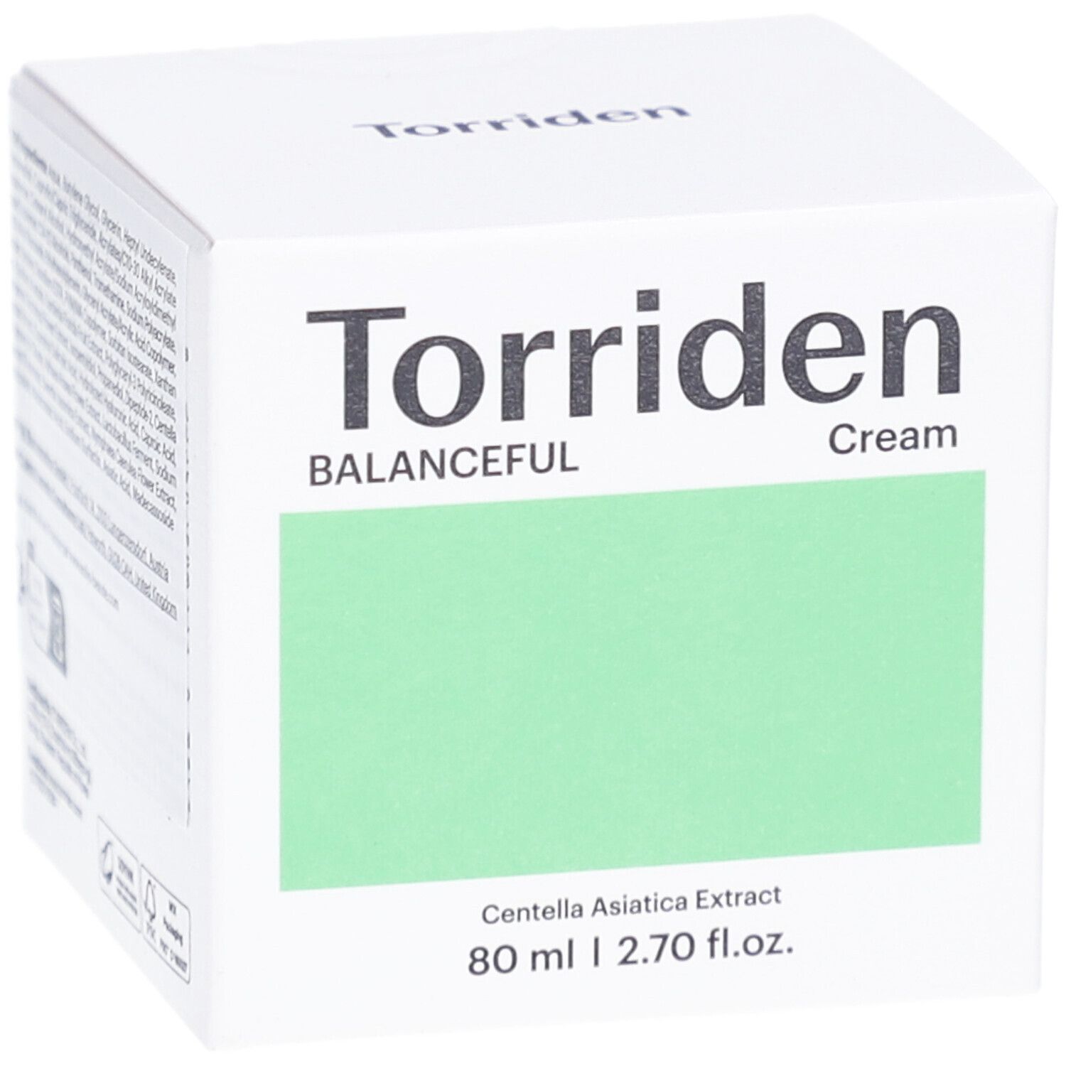 Witte verpakking met groen vlak. Opschrift: Torriden, BALANCEFUL Cream. Bevat 80 ml. Bedrukking: Centella Asiatica Extract.