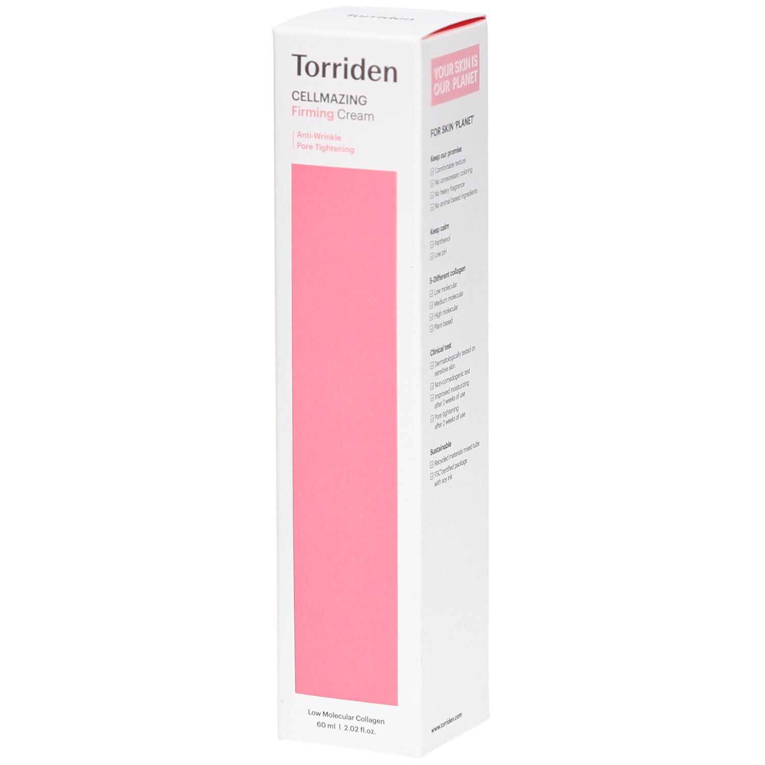 Witte verpakking met roze streep. Tekst: Torriden, CELLMAZING Firming Cream. Anti-rimpel, poriënversteviging. Laag moleculair collageen.