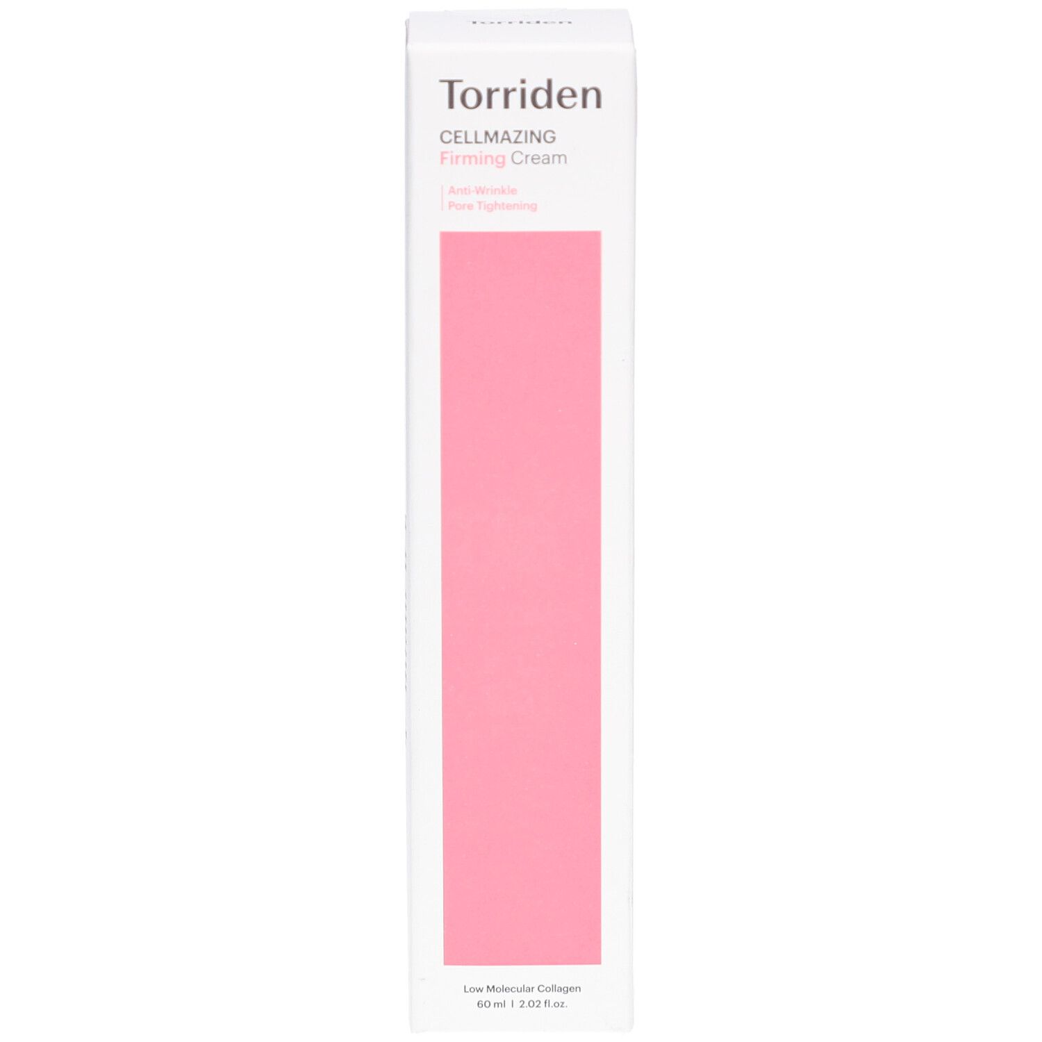 Witte verpakking met roze streep. Tekst: Torriden, CELLMAZING Firming Cream. Anti-rimpel, poriënversteviging. Laag moleculair collageen.