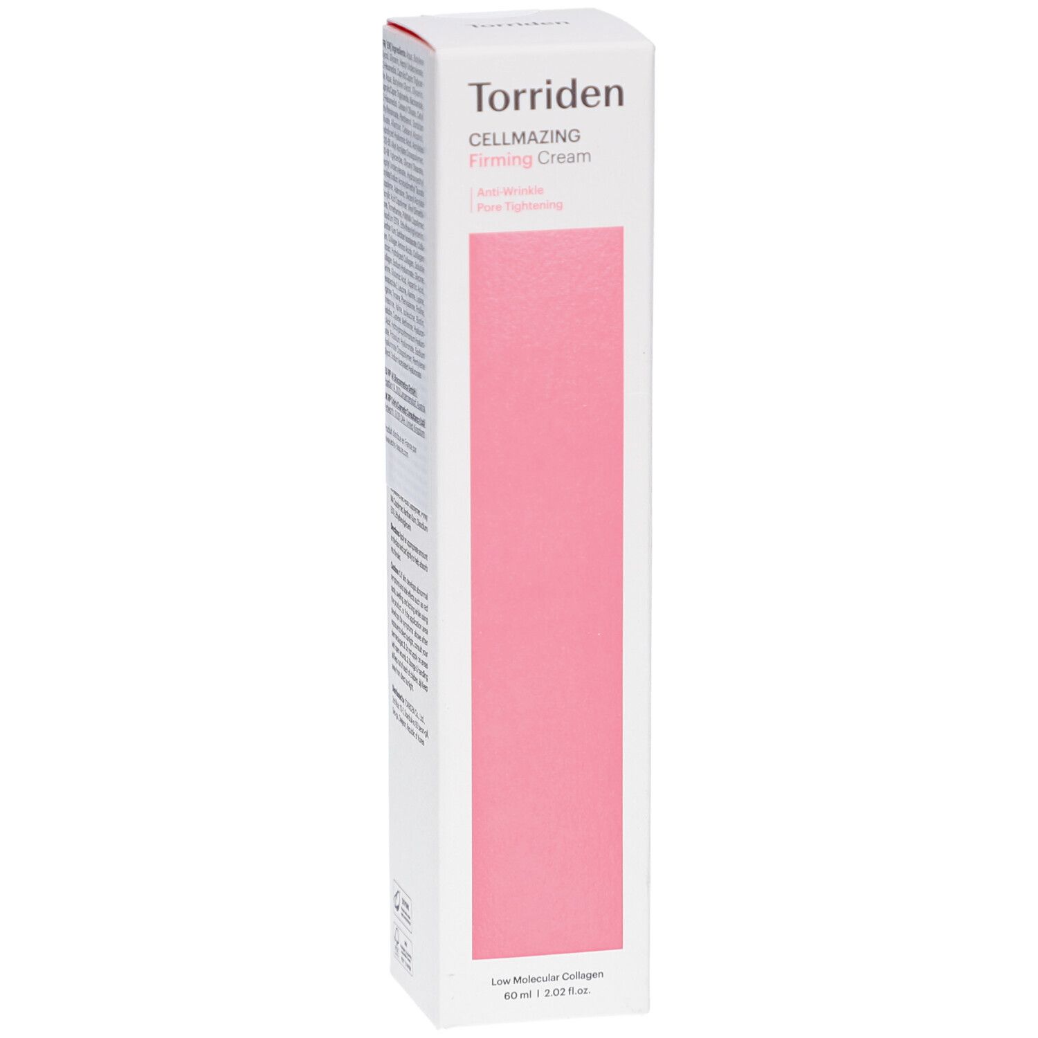 Witte verpakking met roze streep. Tekst: Torriden, CELLMAZING Firming Cream. Anti-rimpel, poriënversteviging. Laag moleculair collageen.
