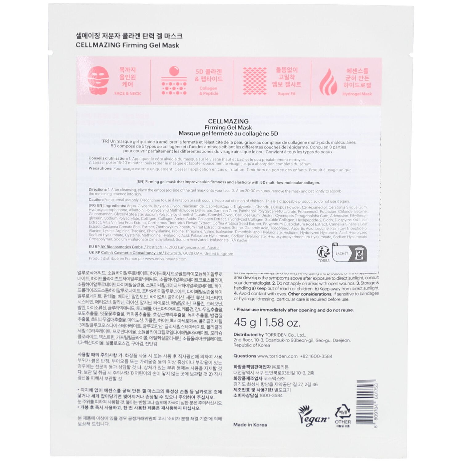 Achterkant van de productverpakking. Tekst en ingrediënten in meerdere talen. Merk: Torriden. Gewicht: 45 g | 1.58 oz.