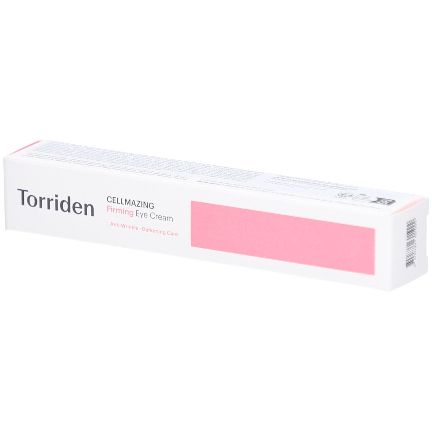 Witte verpakking met roze accent. Opschrift: Torriden, CELLMAZING Firming Eye Cream. Anti-rimpel, verhelderende verzorging.