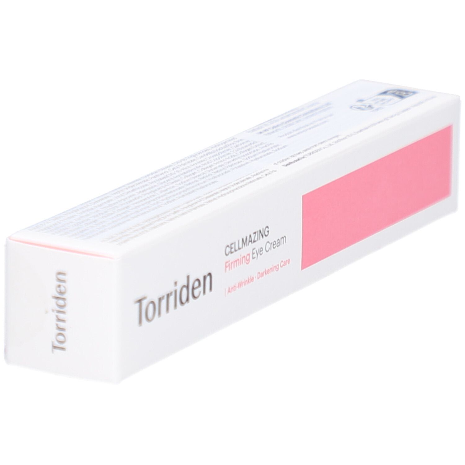 Witte verpakking met roze accent. Opschrift: Torriden, CELLMAZING Firming Eye Cream. Anti-rimpel, verhelderende verzorging.