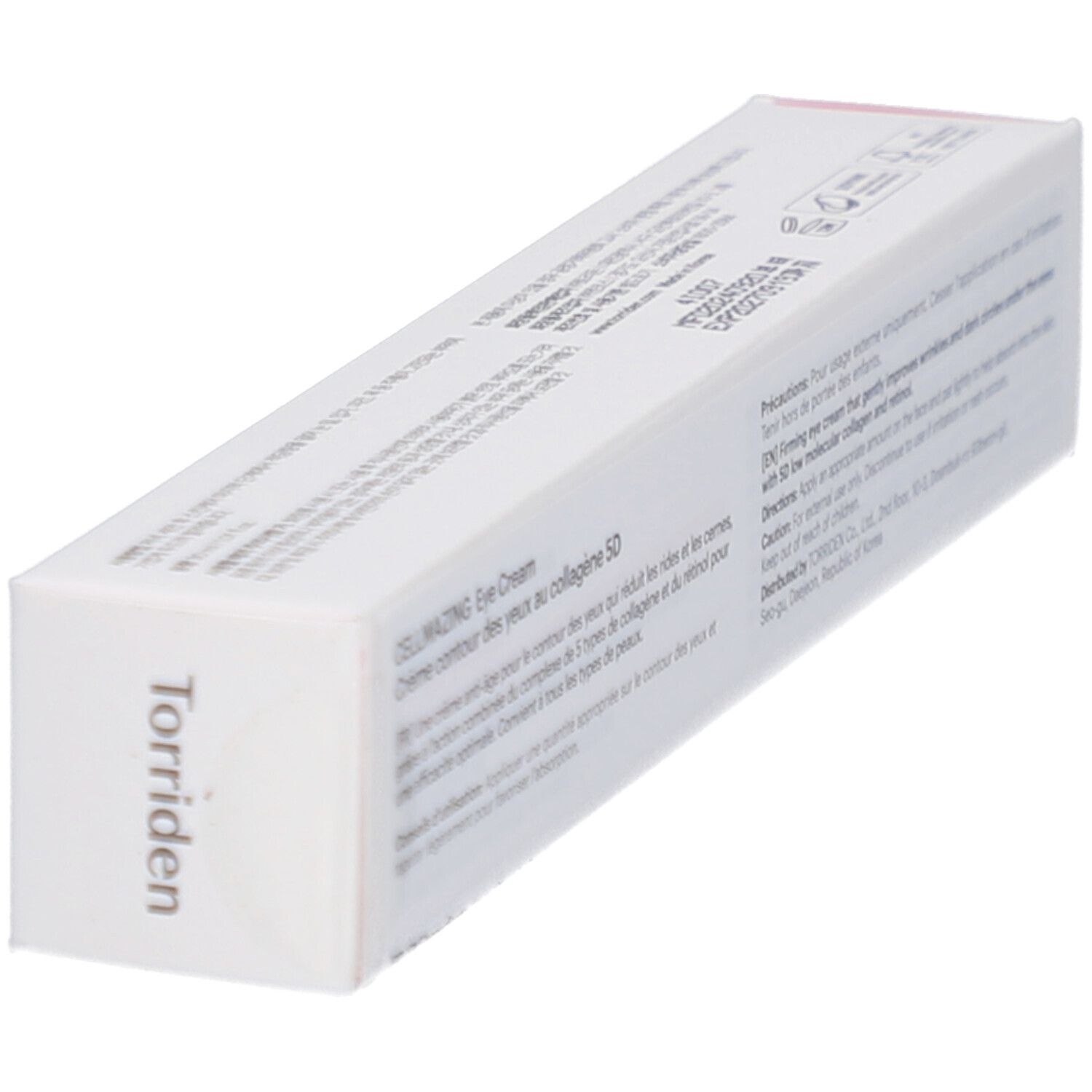 Witte verpakking met tekst. Opschrift: CELLMAZING Eye Cream. Crème contour des yeux au collagène 5D. Meertalige tekst.