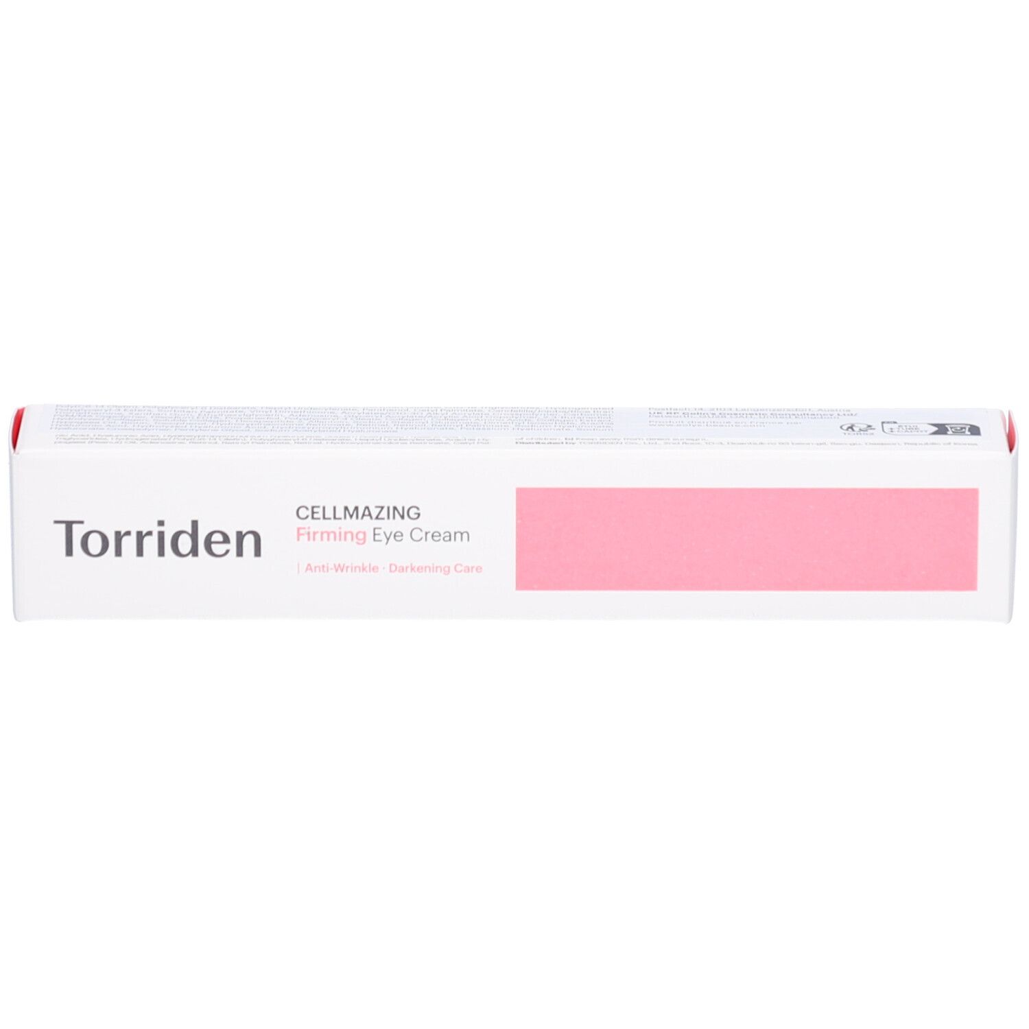 Witte verpakking met roze accent. Opschrift: Torriden, CELLMAZING Firming Eye Cream. Anti-rimpel, verhelderende verzorging.