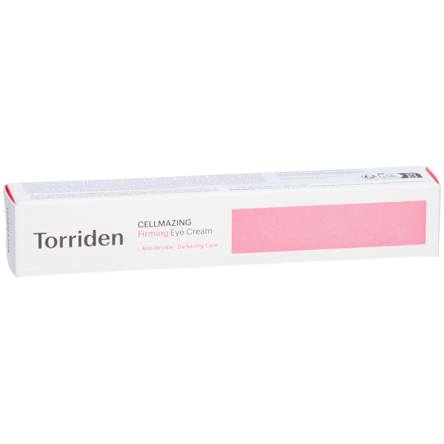 Witte verpakking met roze accent. Opschrift: Torriden, CELLMAZING Firming Eye Cream. Anti-rimpel, verhelderende verzorging.