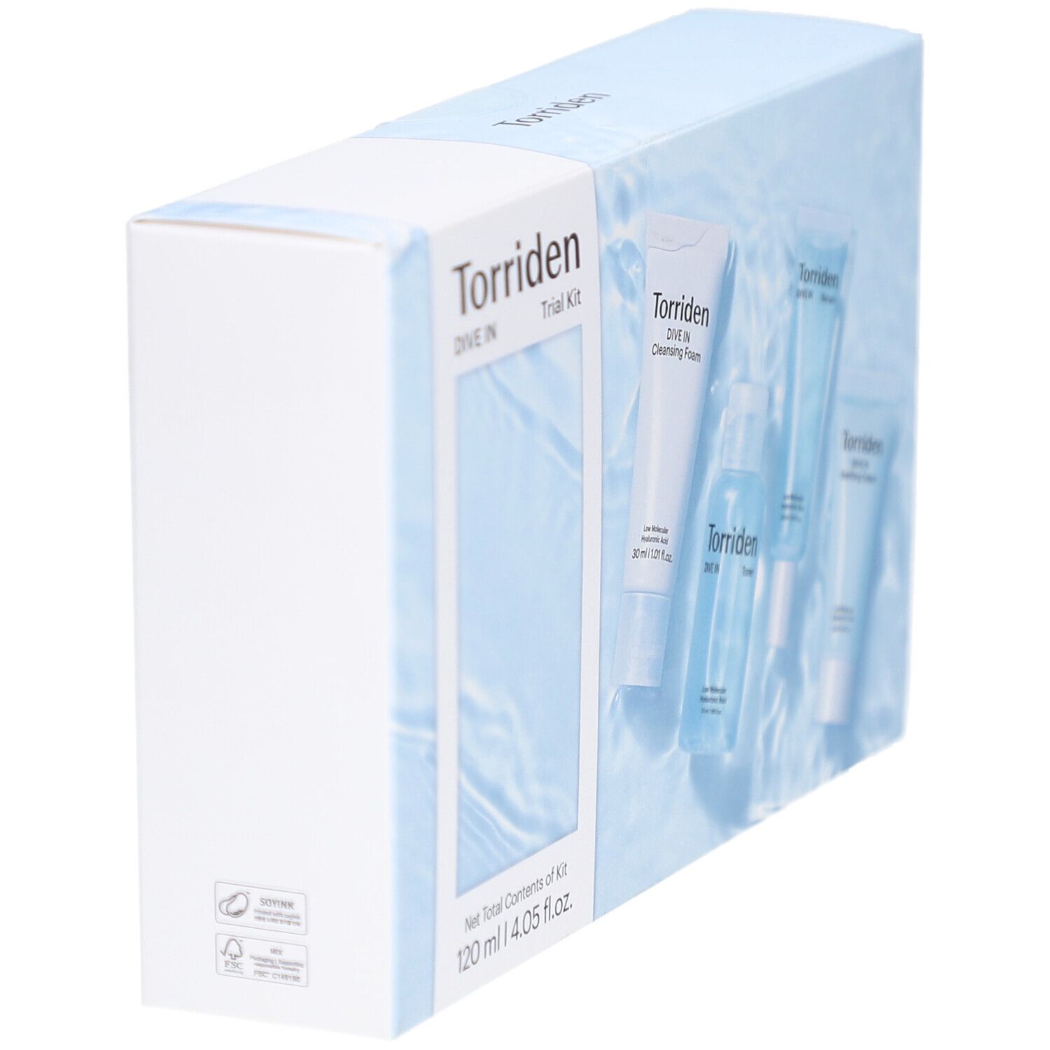 Schuin geplaatste lichtblauwe verpakking met Torriden Dive In Trial Kit. Venster toont producten. Opschrift: Torriden, Dive In Trial Kit.
