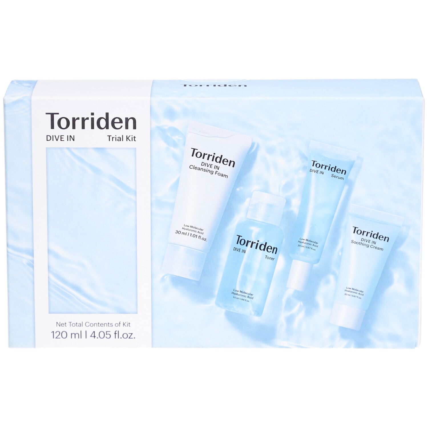 Lichtblauwe verpakking met Torriden Dive In Trial Kit. Bevat vier producten. Opschriften: Cleansing Foam, Toner, Serum, Soothing Cream.