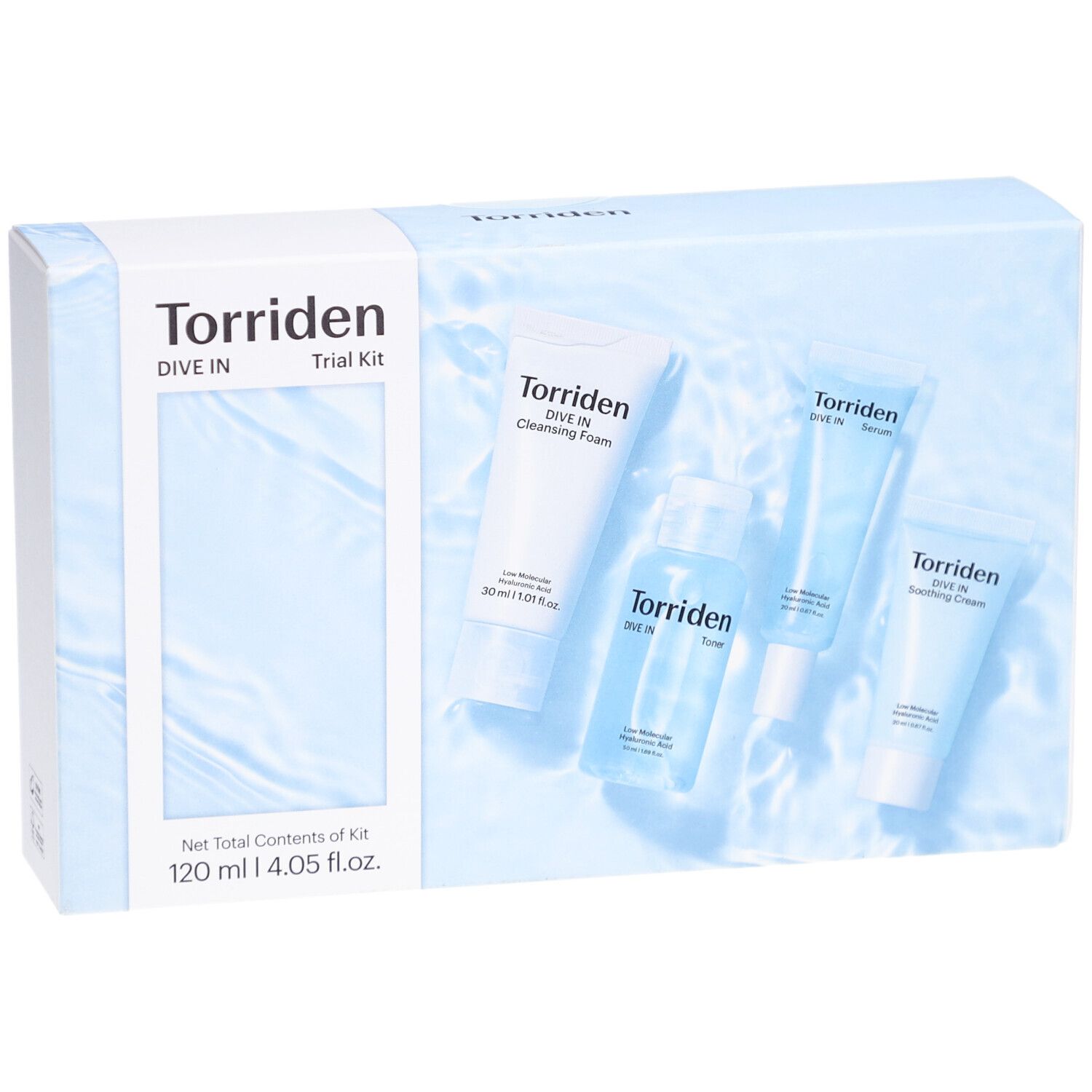 Lichtblauwe verpakking met Torriden Dive In Trial Kit. Bevat vier producten. Opschriften: Cleansing Foam, Toner, Serum, Soothing Cream.