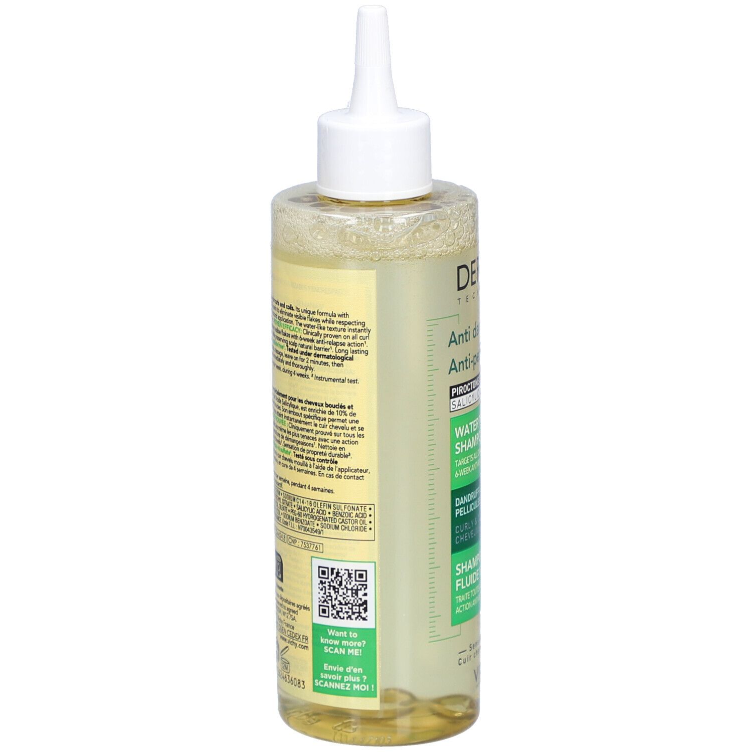 Dos du flacon de shampooing. Texte et QR code sur étiquette jaune-vert. Contient des informations sur le produit et son utilisation.