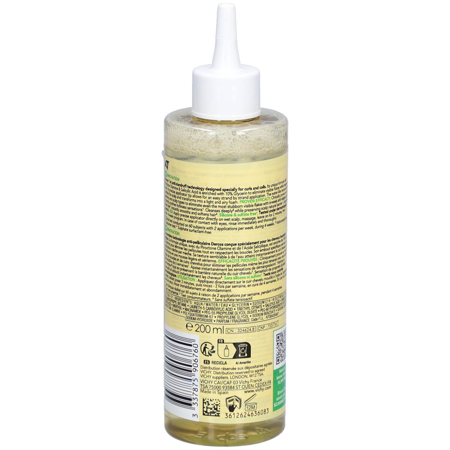 Dos du flacon de shampooing. Texte et QR code sur étiquette jaune-vert. Contient des informations sur le produit et son utilisation.