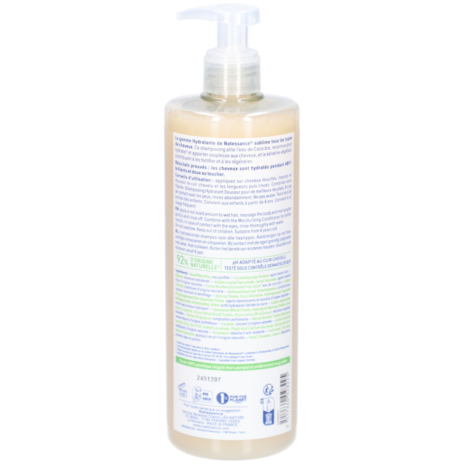 Achterkant van de fles NATESSANCE Hydratant Douceur Coco shampoo. Franse tekst. Met pomp.