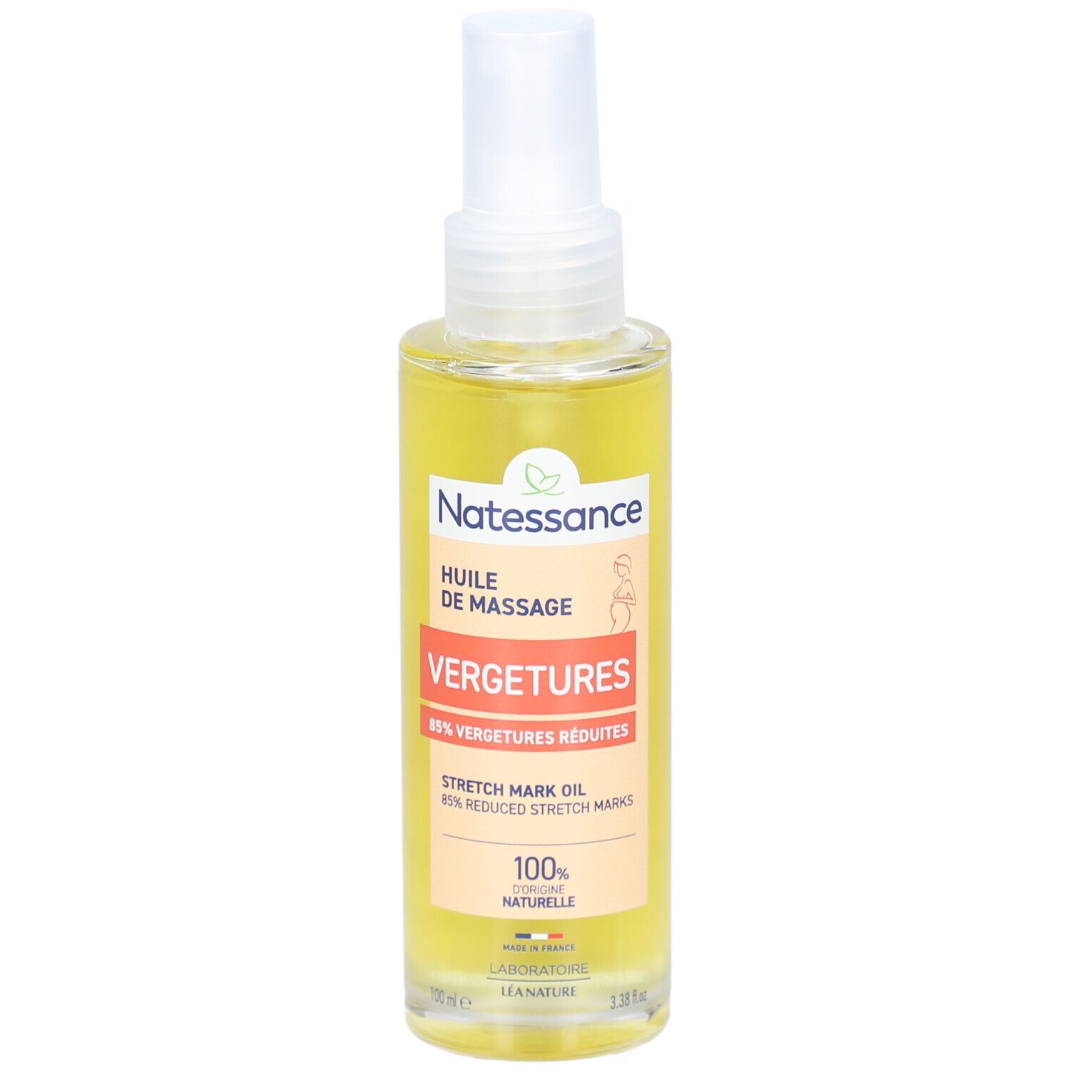 Flacon de produit liquide avec vaporisateur. Étiquette : Huile de Massage Vergetures, 85% vergetures réduites.