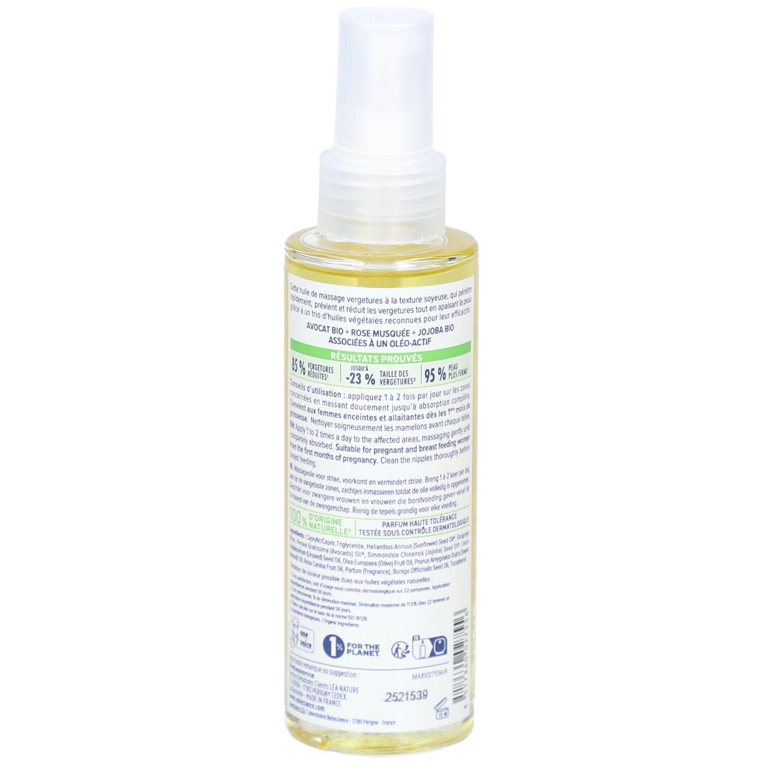 Vue arrière d'un flacon pulvérisateur de produit liquide. Étiquette avec texte et informations.