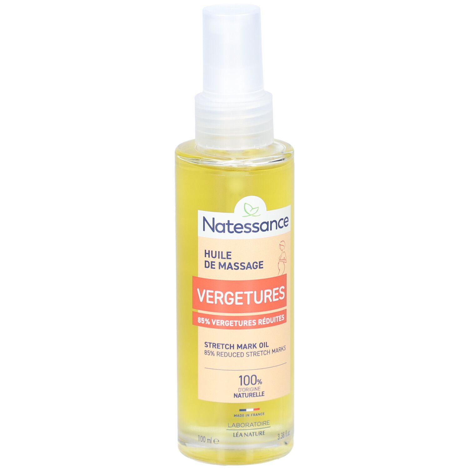 Flacon de produit liquide avec vaporisateur. Étiquette : Huile de Massage Vergetures, 85% vergetures réduites.