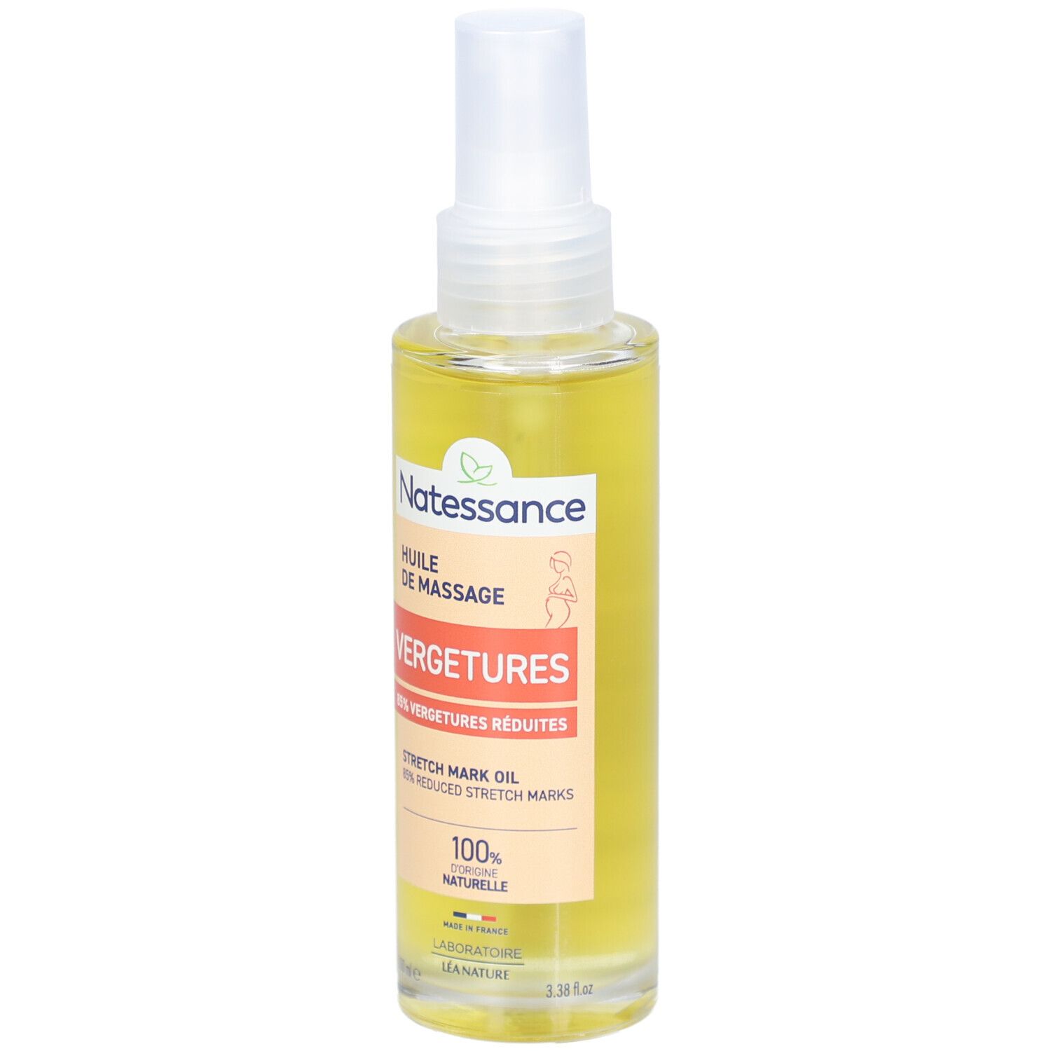 Flacon de produit liquide avec vaporisateur. Étiquette : Huile de Massage Vergetures, 85% vergetures réduites.