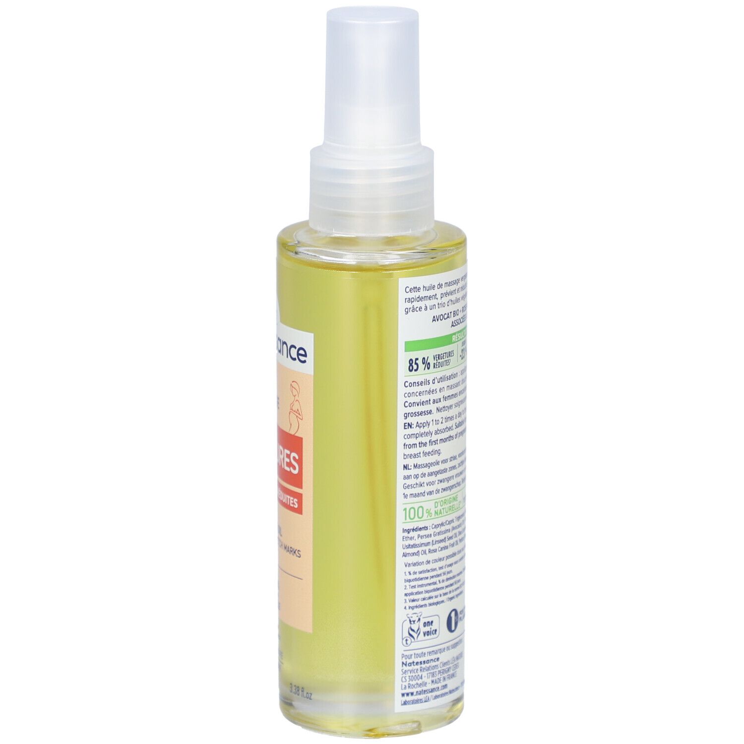 Vue arrière d'un flacon pulvérisateur de produit liquide. Étiquette avec texte et informations.