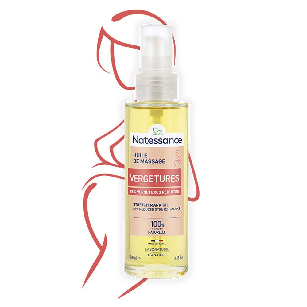 Spuitfles met geelachtige vloeistof. Rode omtrek van een vrouw. Opschrift: NATESSANCE, Huile de Massage, Vergetures.