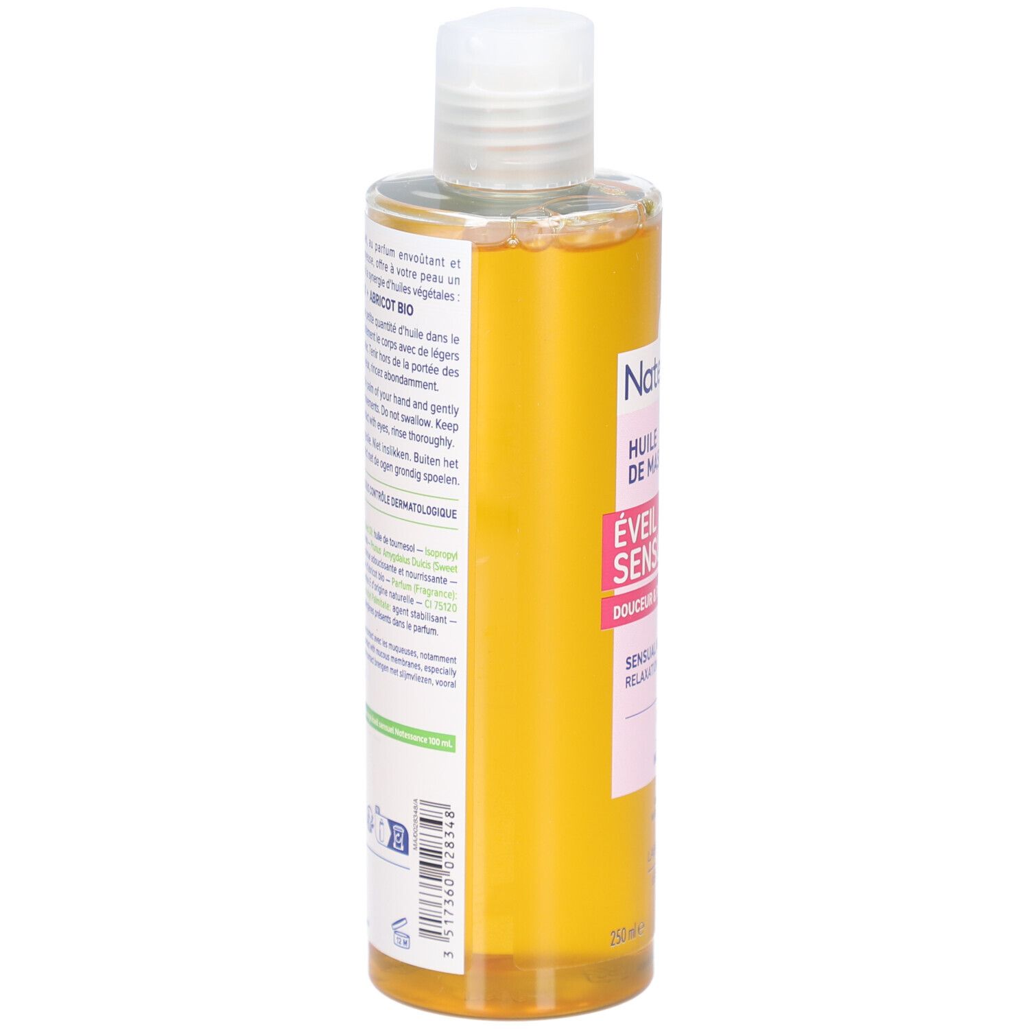 Vue arrière du flacon. Étiquette avec texte multilingue. Nom du produit et ingrédients.