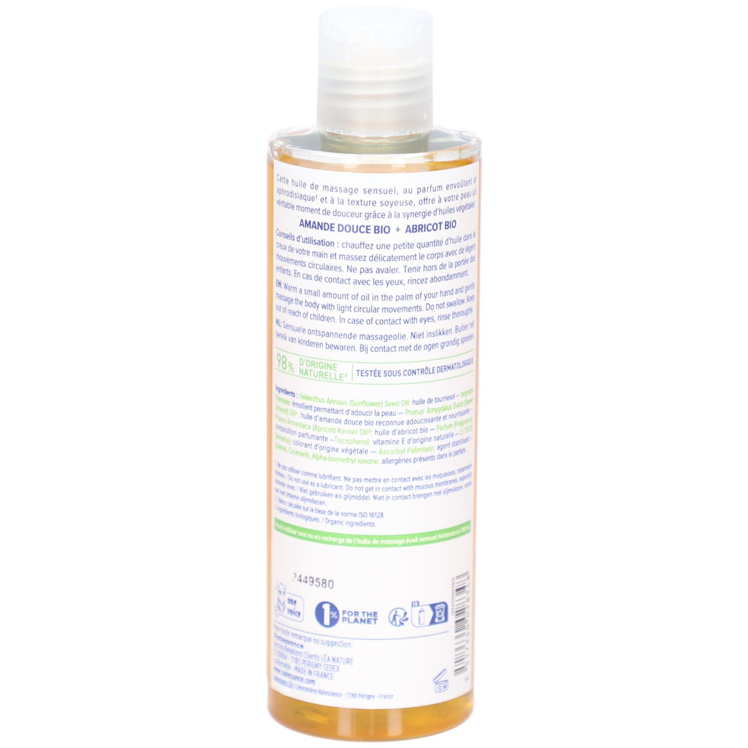 Vue arrière du flacon. Texte sur les ingrédients et l'utilisation. Certifications et logos.