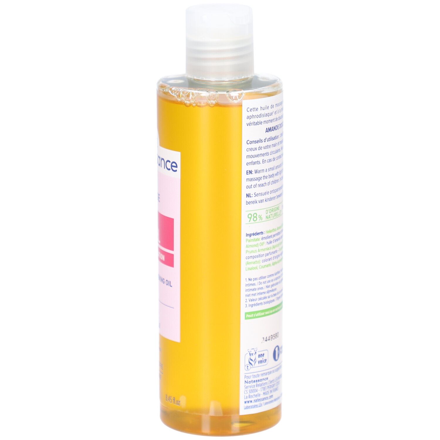 Vue arrière du flacon. Étiquette avec texte multilingue. Nom du produit et ingrédients.