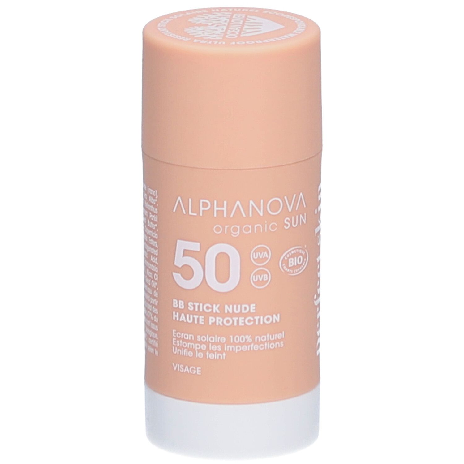 ALPHANOVA Organic Sun BB Stick. Nude, hoge bescherming. Beige stick met witte basis. Bio-certificering.