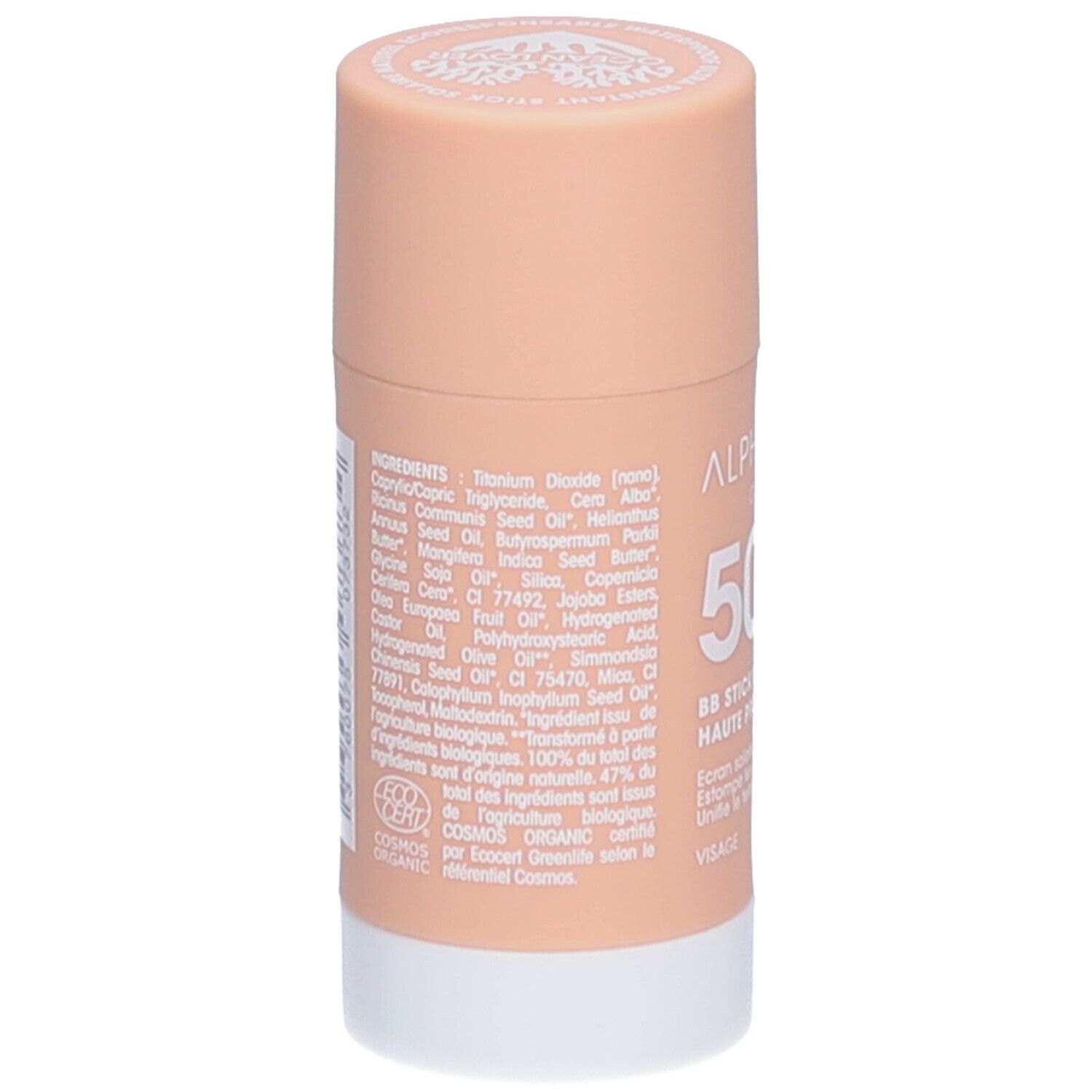 ALPHANOVA Organic Sun BB Stick. Achterkant van de stick met ingrediënten en Bio-certificering.