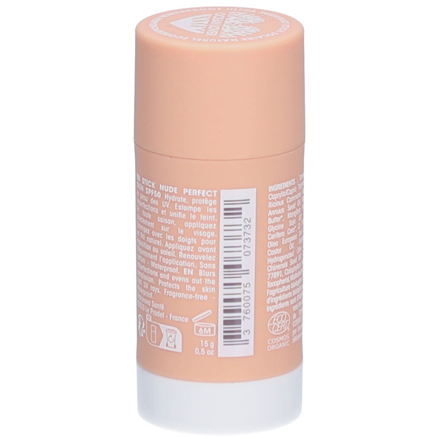 ALPHANOVA Organic Sun BB Stick. Stick met barcode, informatie en Bio-certificering.