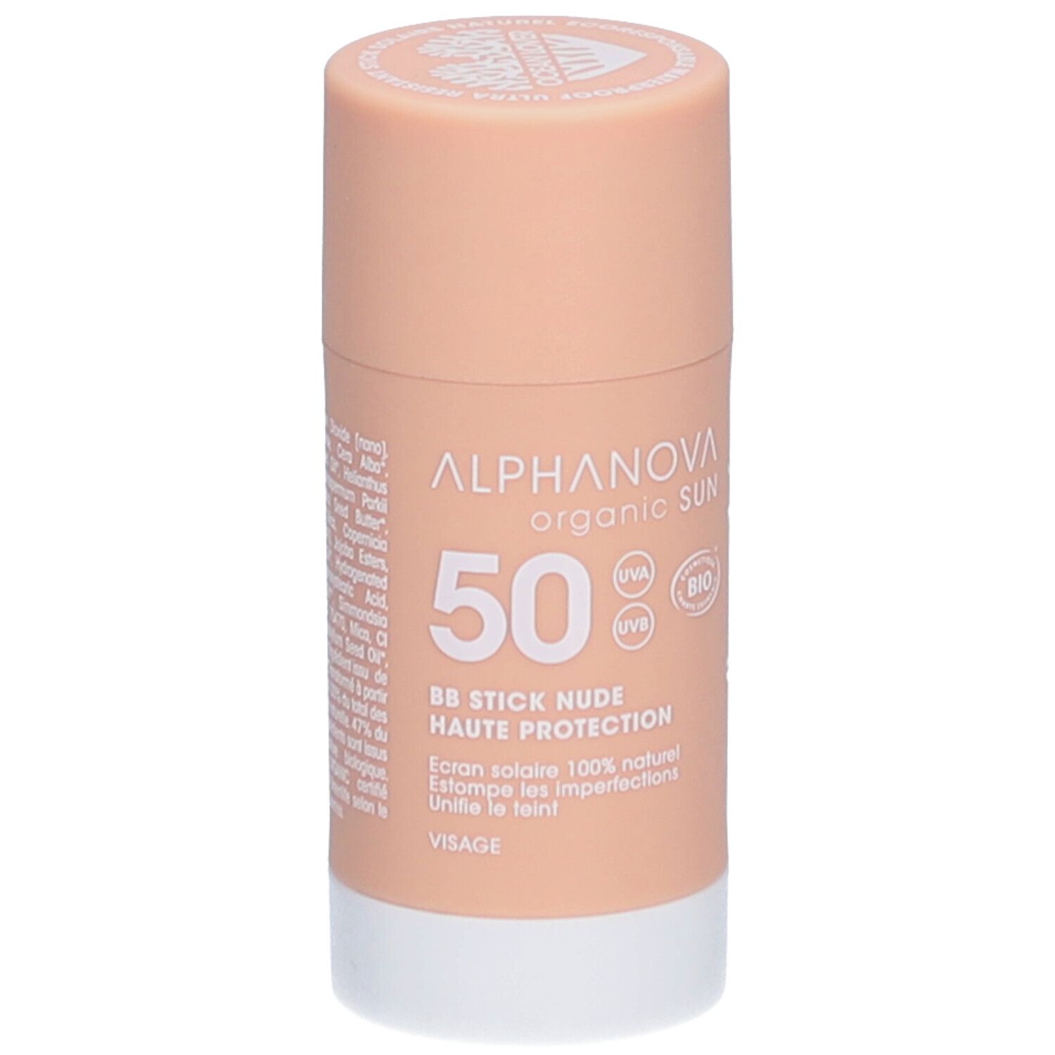 ALPHANOVA Organic Sun BB Stick. Nude, hoge bescherming. Beige stick met witte basis. Bio-certificering.