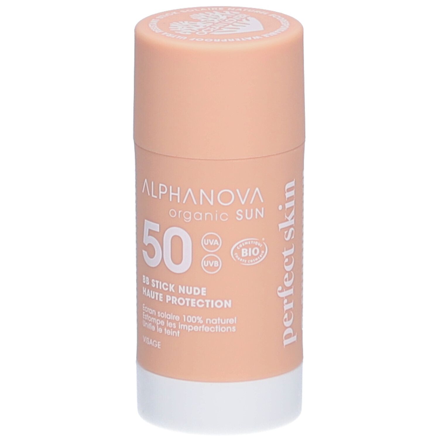 ALPHANOVA Organic Sun BB Stick. Nude, hoge bescherming. Beige stick met witte basis. Bio-certificering.