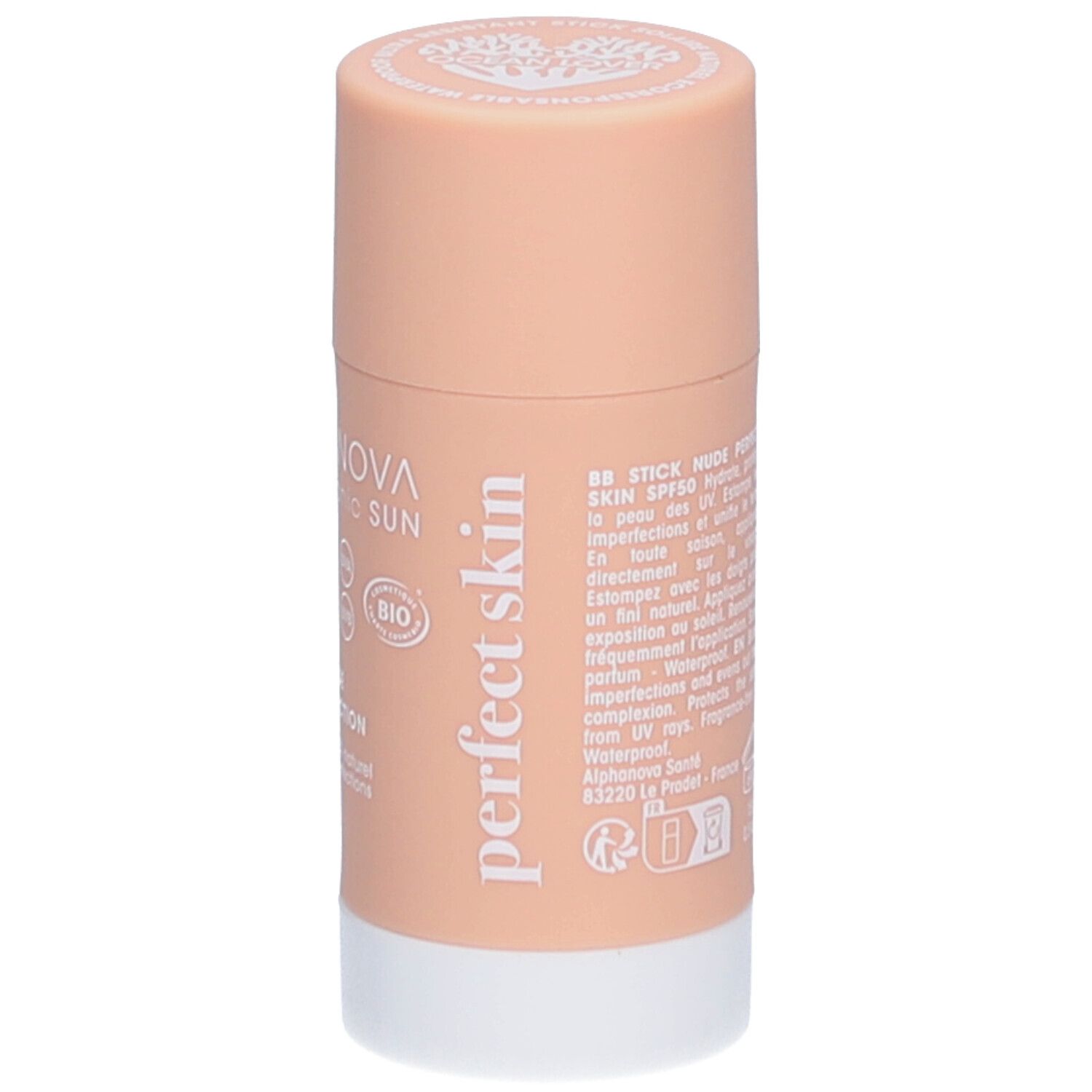 ALPHANOVA Organic Sun BB Stick. Nude, hoge bescherming. Stick met informatie en Bio-certificering.