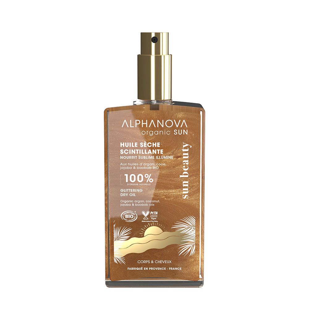 ALPHANOVA Organic Sun Huile Sèche Scintillante. Huile scintillante dans flacon rectangulaire en verre avec vaporisateur doré. Texte en français.