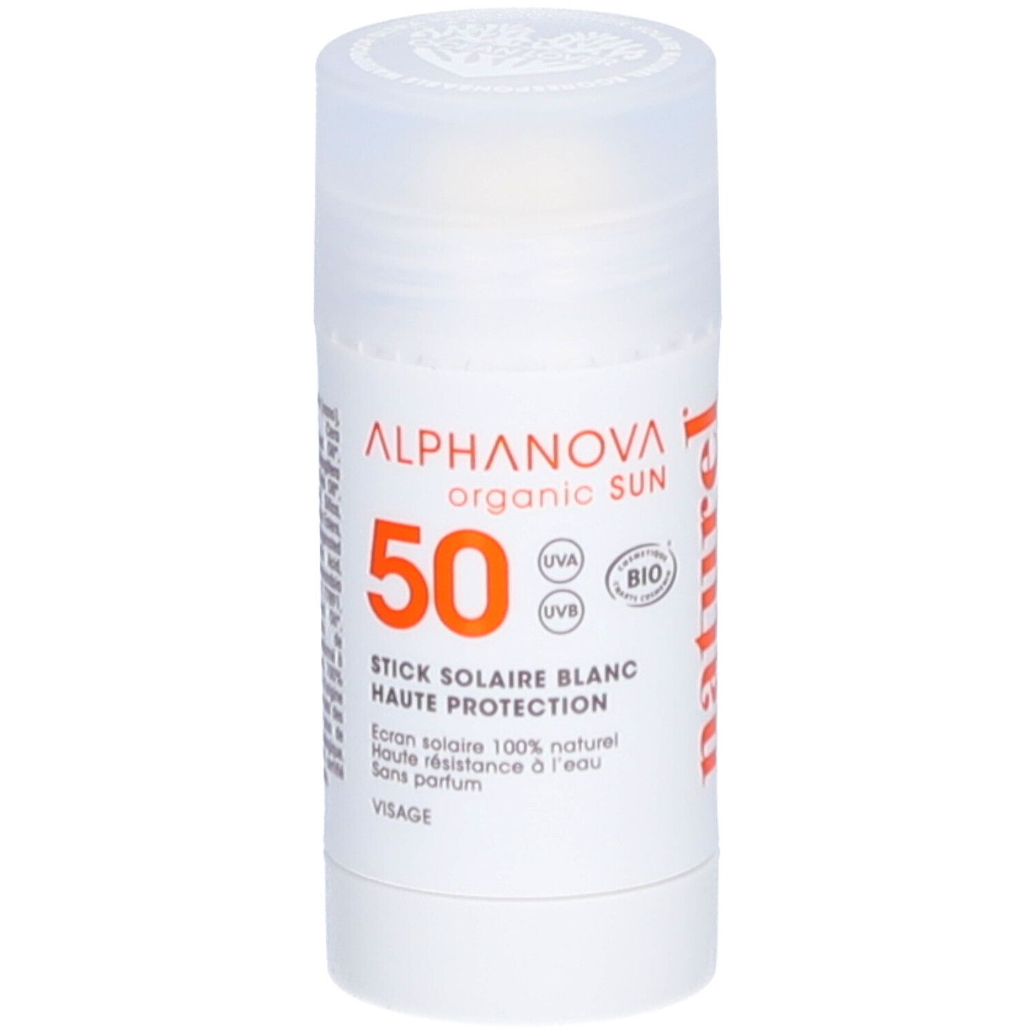 Witte zonnebrandstick met dop. Opschrift: ALPHANOVA organic SUN, SPF50, BIO-certificering.