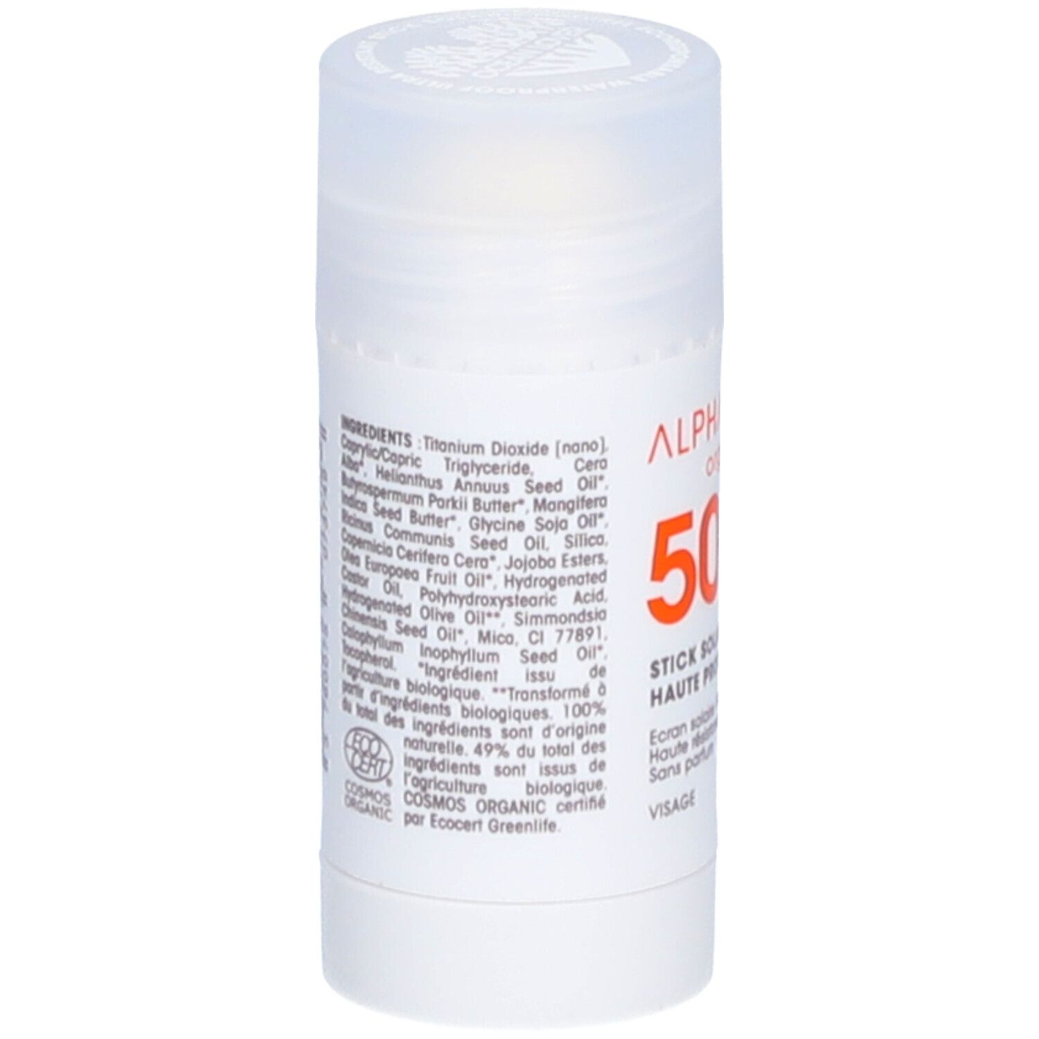 Achterkant van de witte zonnebrandstick. Lijst van ingrediënten en COSMOS ORGANIC-certificering.