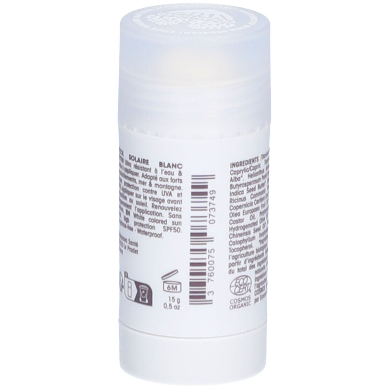 Achterkant van de witte zonnebrandstick. Tekst: STICK SOLAIRE BLANC, 15g, 0.5 oz, barcode en COSMOS ORGANIC-logo.