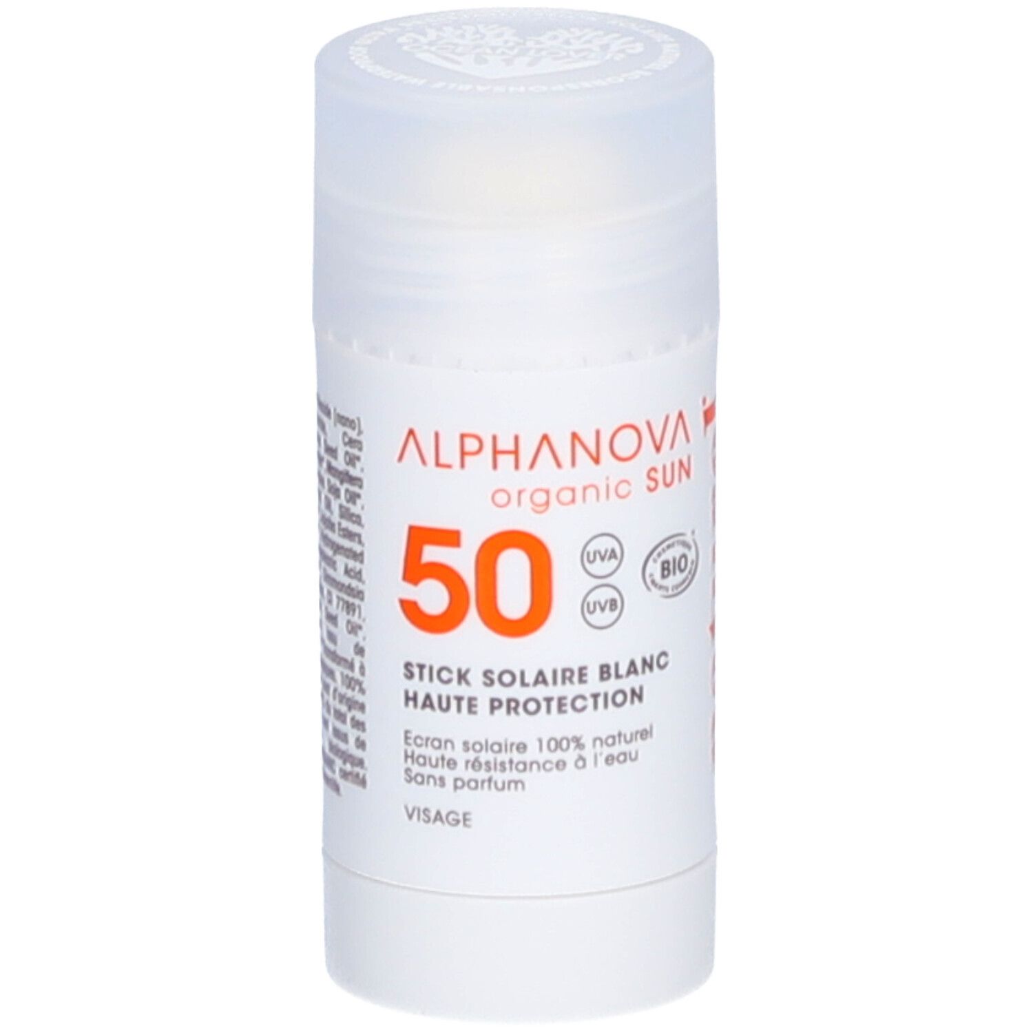 Witte zonnebrandstick met dop. Opschrift: ALPHANOVA organic SUN, SPF50, BIO-certificering.