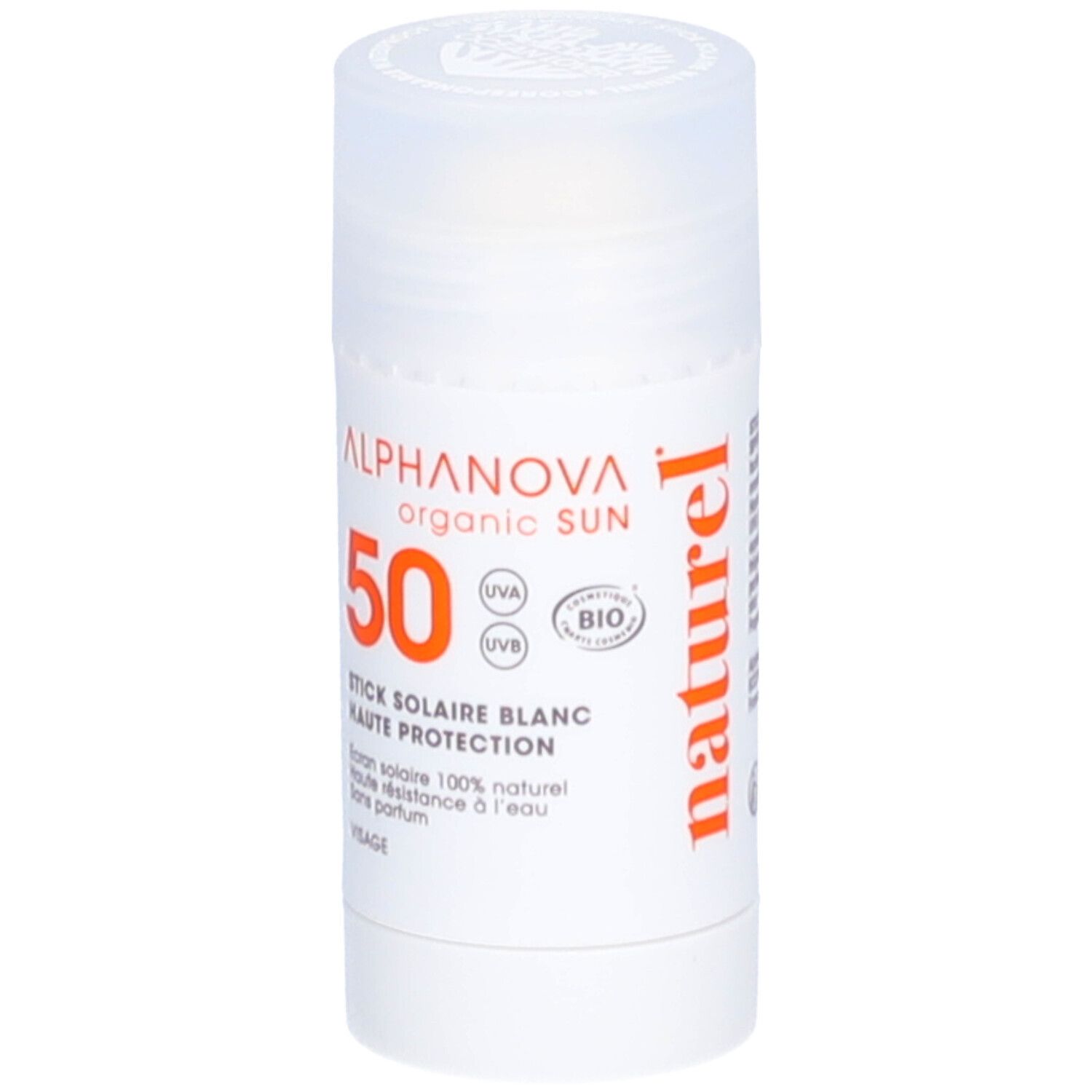 Witte zonnebrandstick met dop. Opschrift: ALPHANOVA organic SUN, SPF50, BIO-certificering, naturel.
