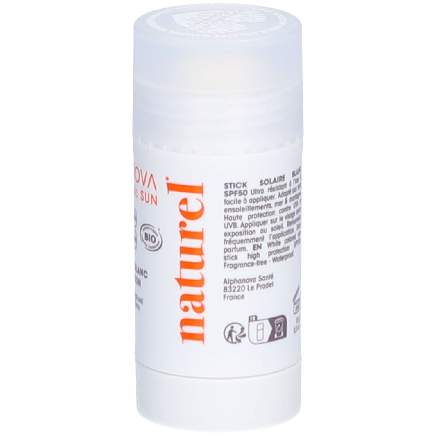 Witte zonnebrandstick met dop. Opschrift: ALPHANOVA, SPF50, BIO-certificering, naturel, adres.