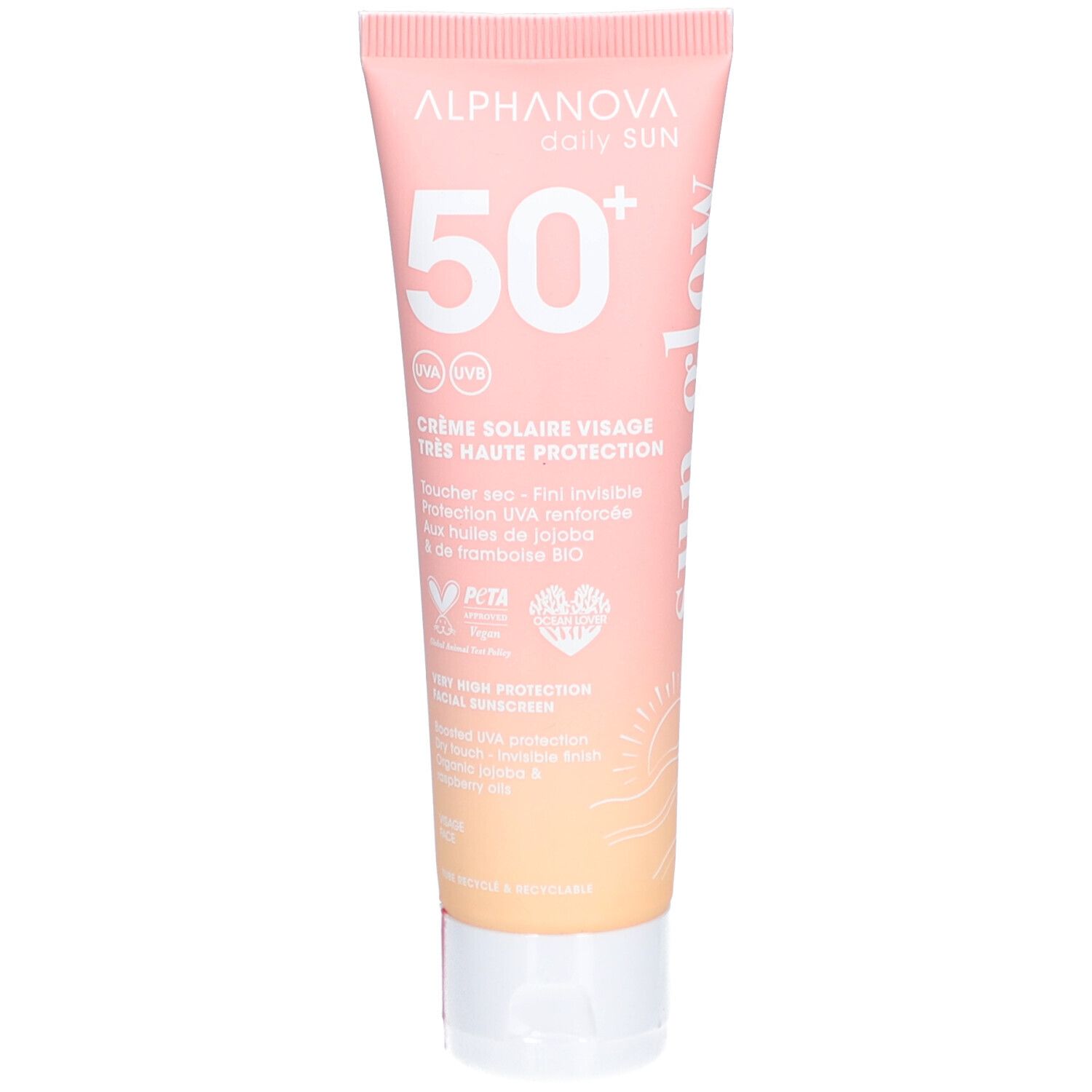 Tube rose avec bouchon blanc. Inscription: Alphanova, 50+, crème solaire visage. Avec huiles bio.