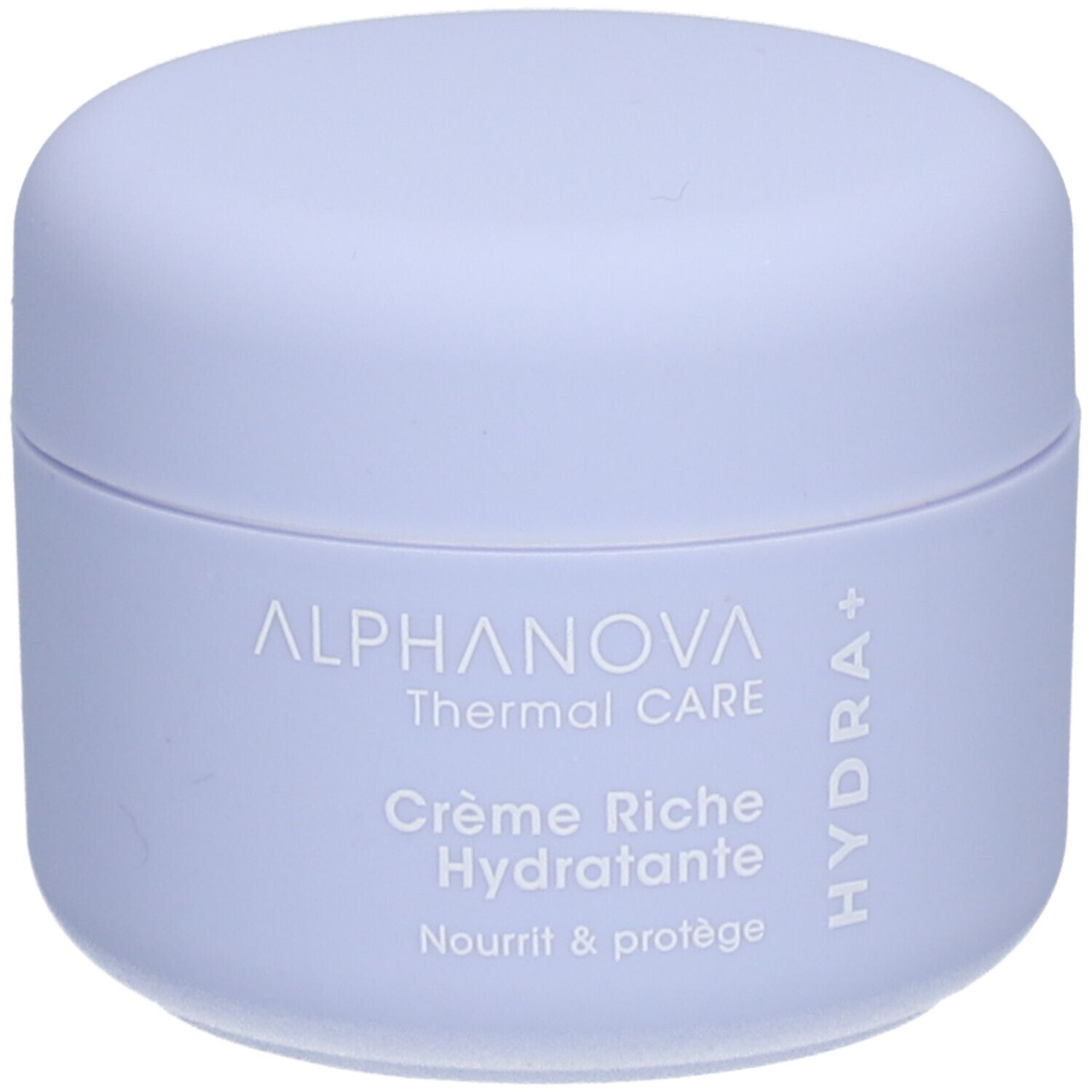 Lichtpaarse pot met deksel. Opschrift: ALPHANOVA Thermal CARE Crème Riche Hydratante. Hydra+ logo.