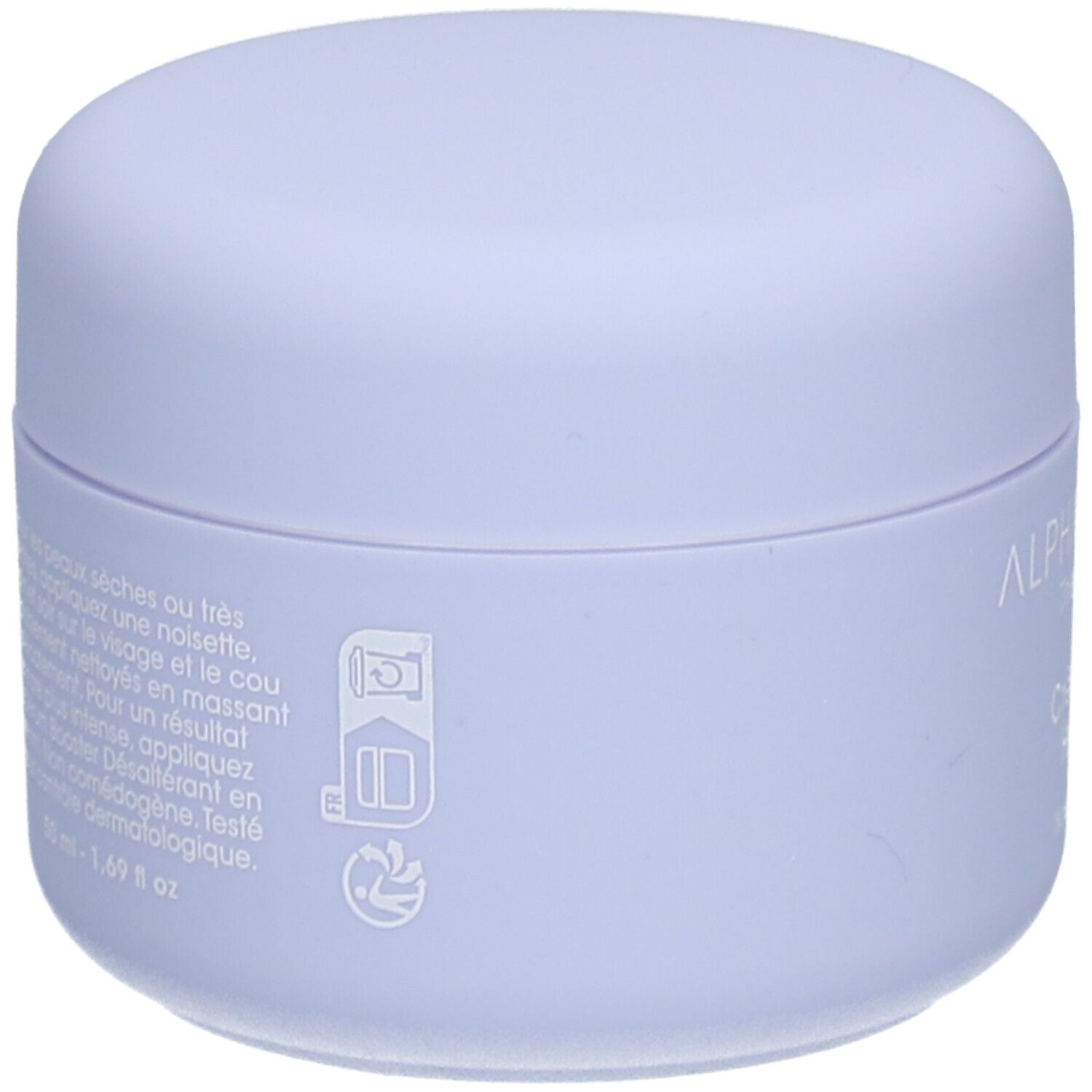 Lichtpaarse pot. Opschriften en pictogrammen. Tekst: 50 ml - 1.69 fl. oz.