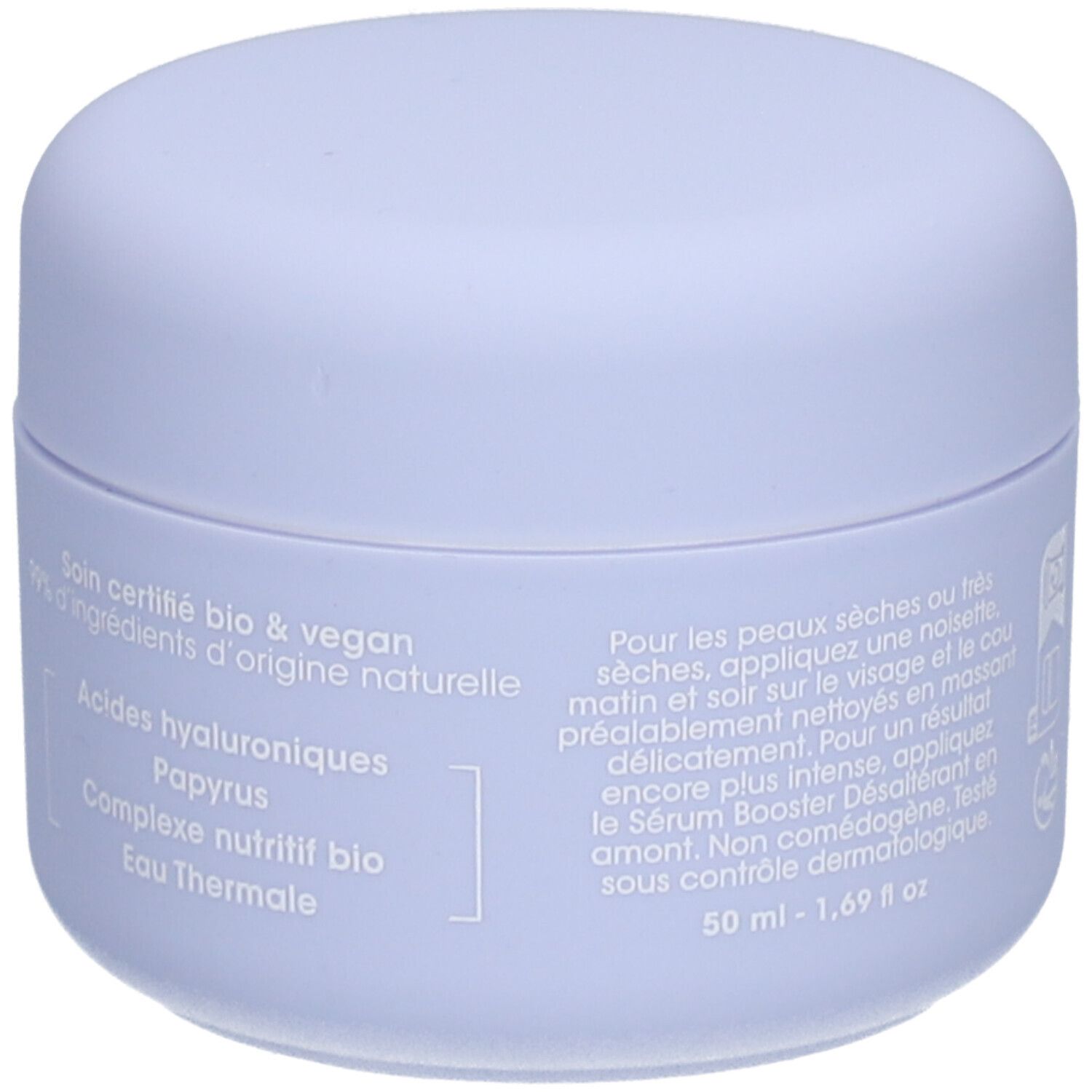 Lichtpaarse pot. Opschrift: Soin certifié bio & vegan. Ingrediënten: Acides hyaluroniques, Papyrus, Eau Thermale.