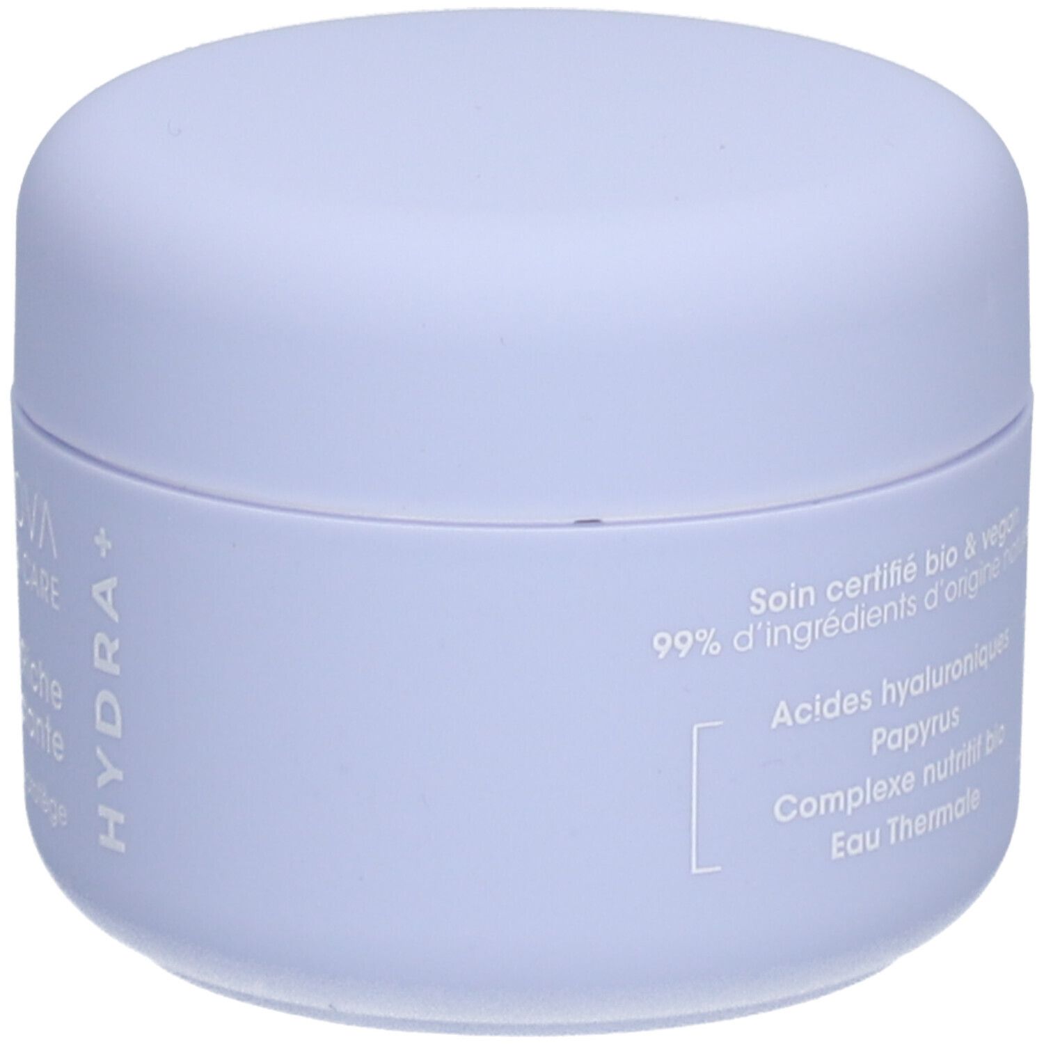 Lichtpaarse pot. Opschrift: Soin certifié bio & vegan. Ingrediënten: Acides hyaluroniques, Papyrus, Eau Thermale.