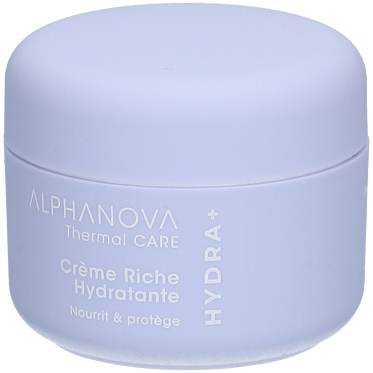 Lichtpaarse pot met deksel. Opschrift: ALPHANOVA Thermal CARE Crème Riche Hydratante. Hydra+ logo.