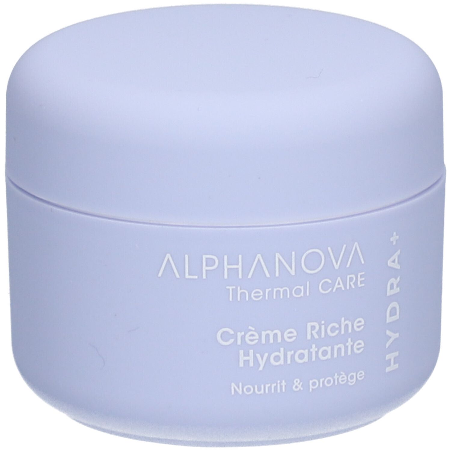 Lichtpaarse pot met deksel. Opschrift: ALPHANOVA Thermal CARE Crème Riche Hydratante. Hydra+ logo.