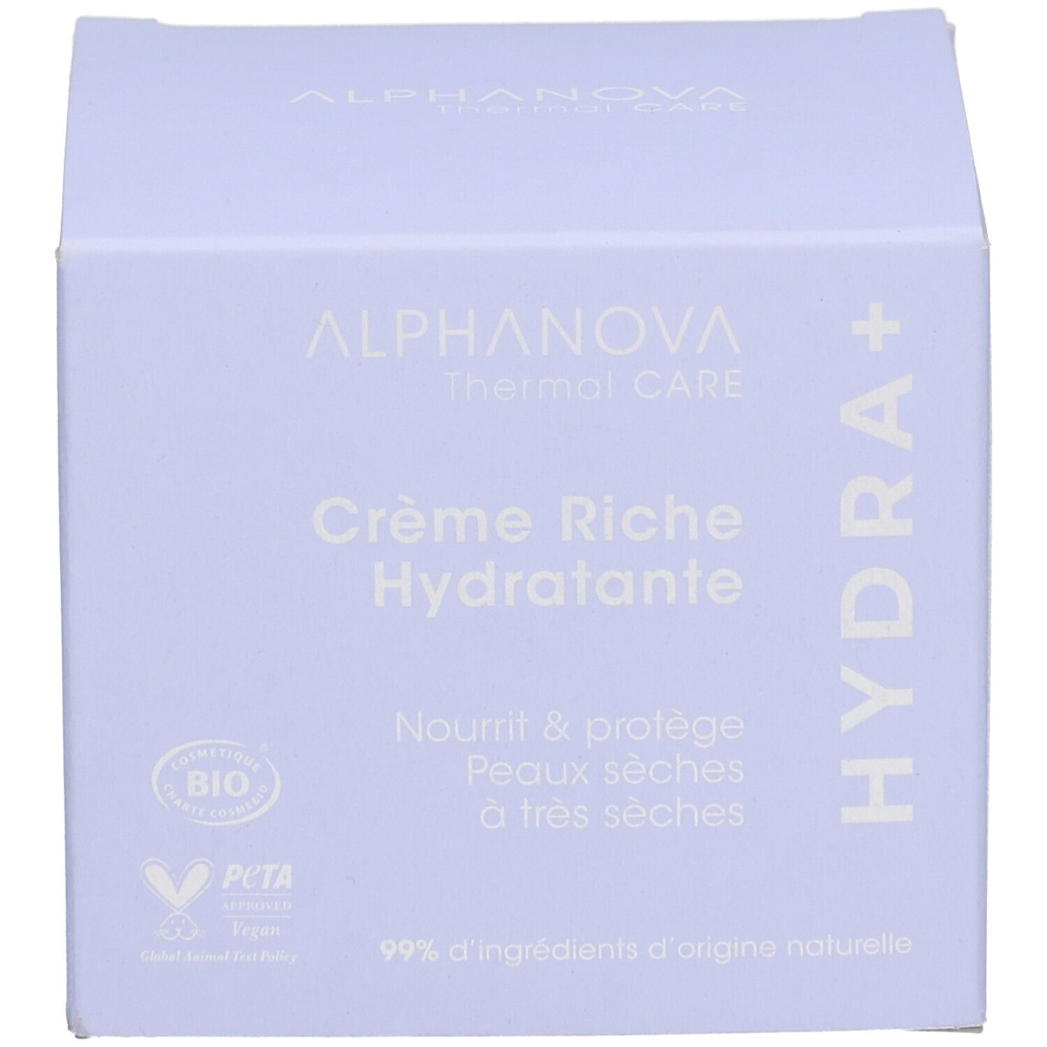 Lichtpaarse doos. Opschrift: ALPHANOVA Thermal CARE Crème Riche Hydratante. Bio- en Vegan-keurmerk.