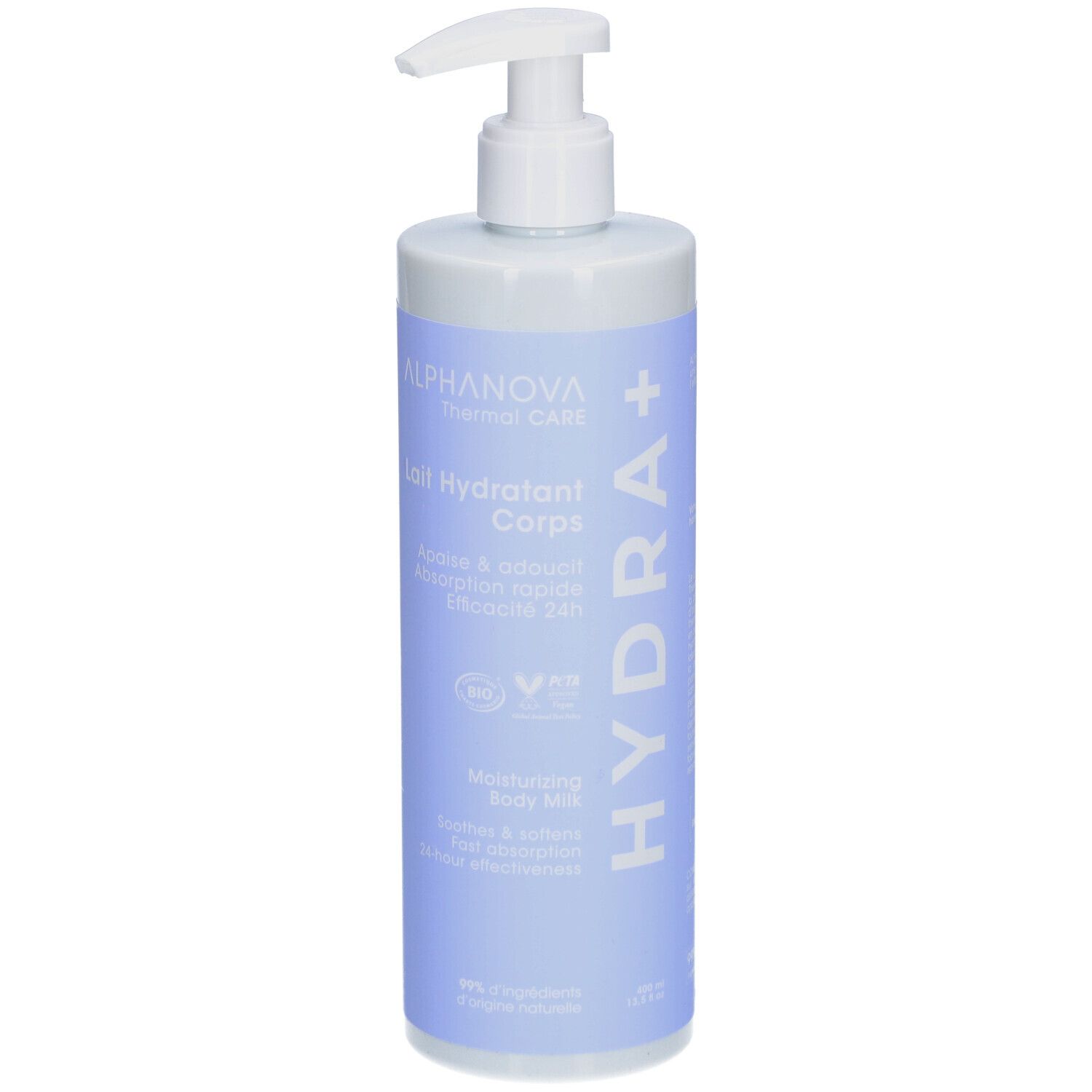 Fles met witte pomp. Opschrift: ALPHANOVA Thermal Care, Hydra+, Lait Hydratant Corps. Vegan keurmerk.