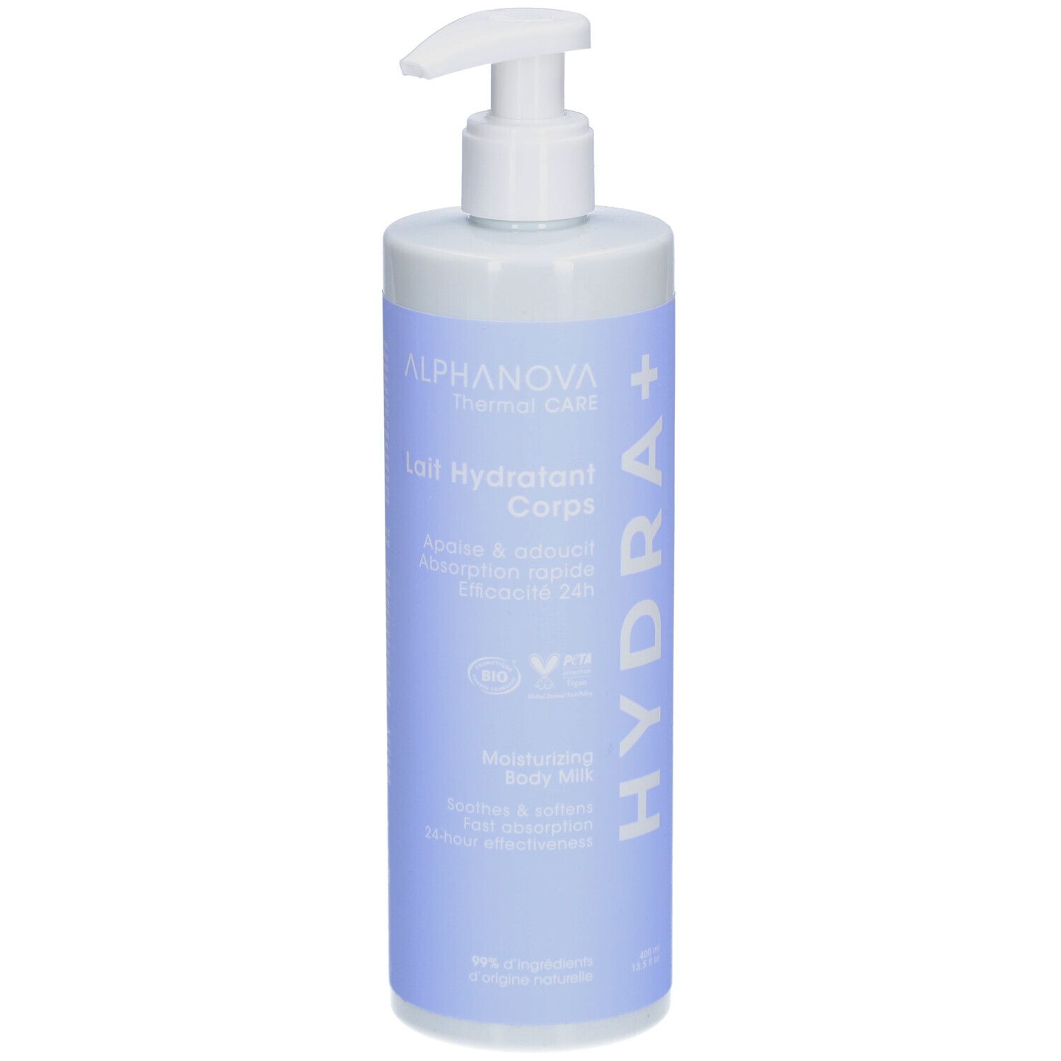 Fles met witte pomp. Opschrift: ALPHANOVA Thermal Care, Hydra+, Lait Hydratant Corps. Vegan keurmerk.